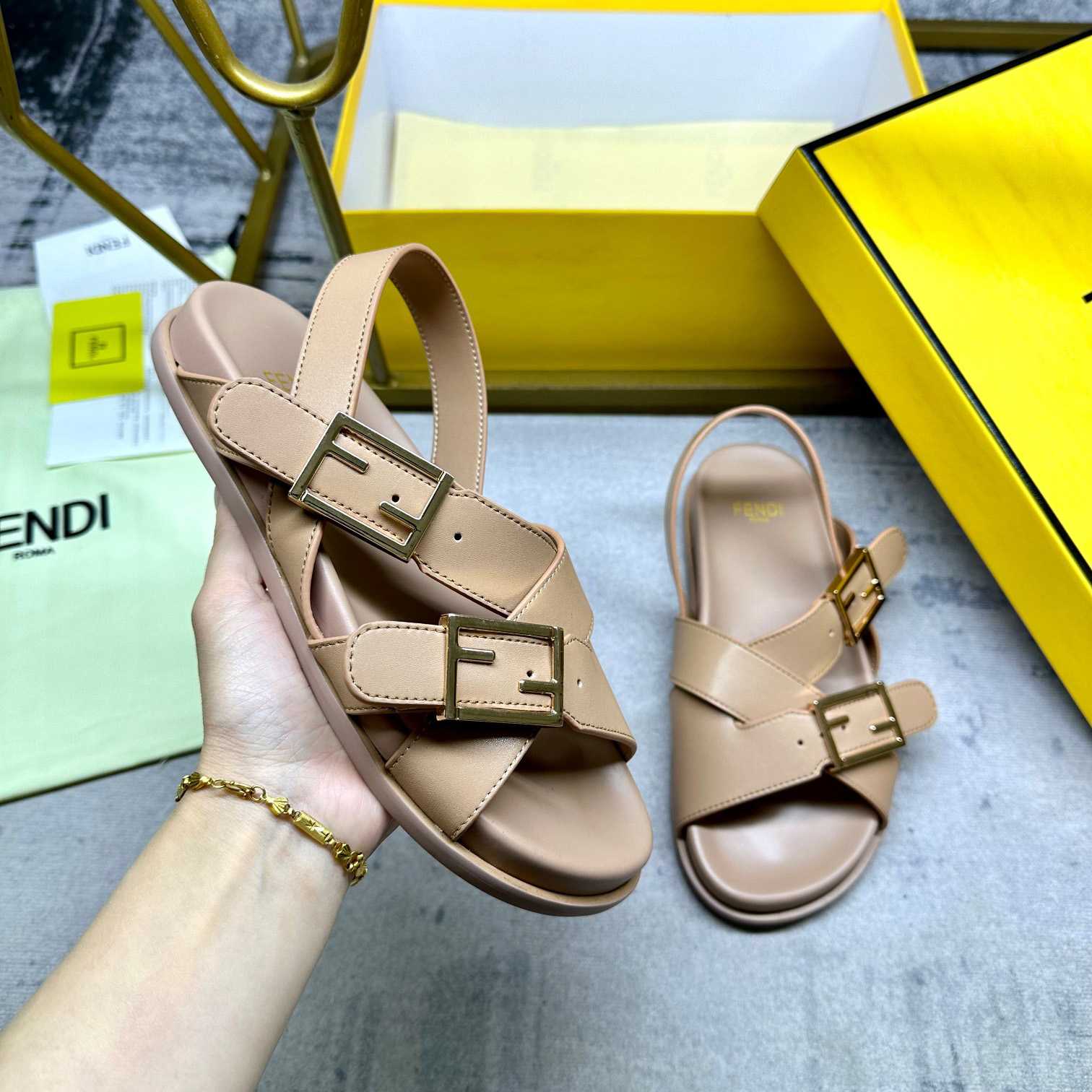 Fendi Feel Beige Leather Slides - EUR FASHION