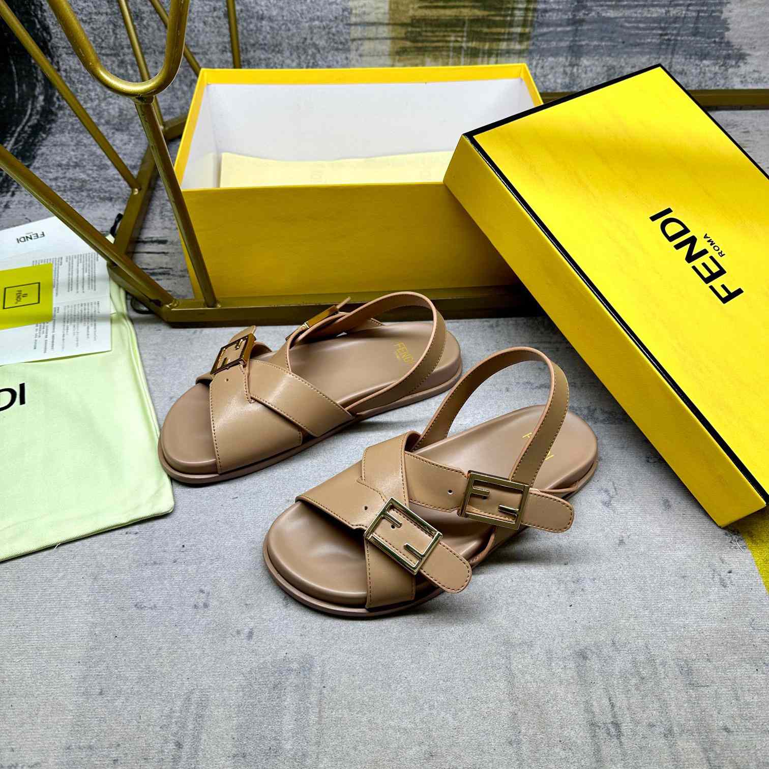 Fendi Feel Beige Leather Slides - EUR FASHION