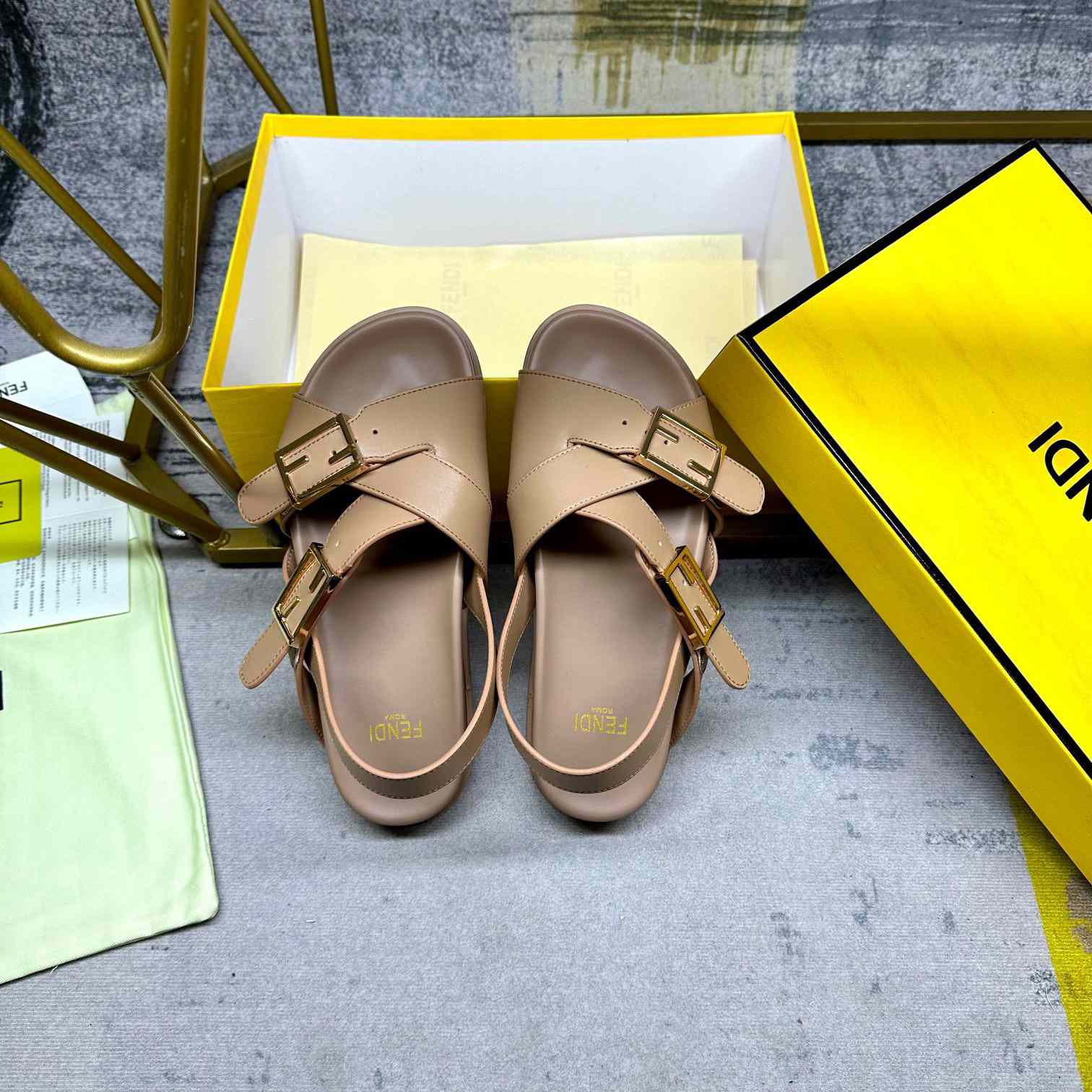 Fendi Feel Beige Leather Slides - EUR FASHION