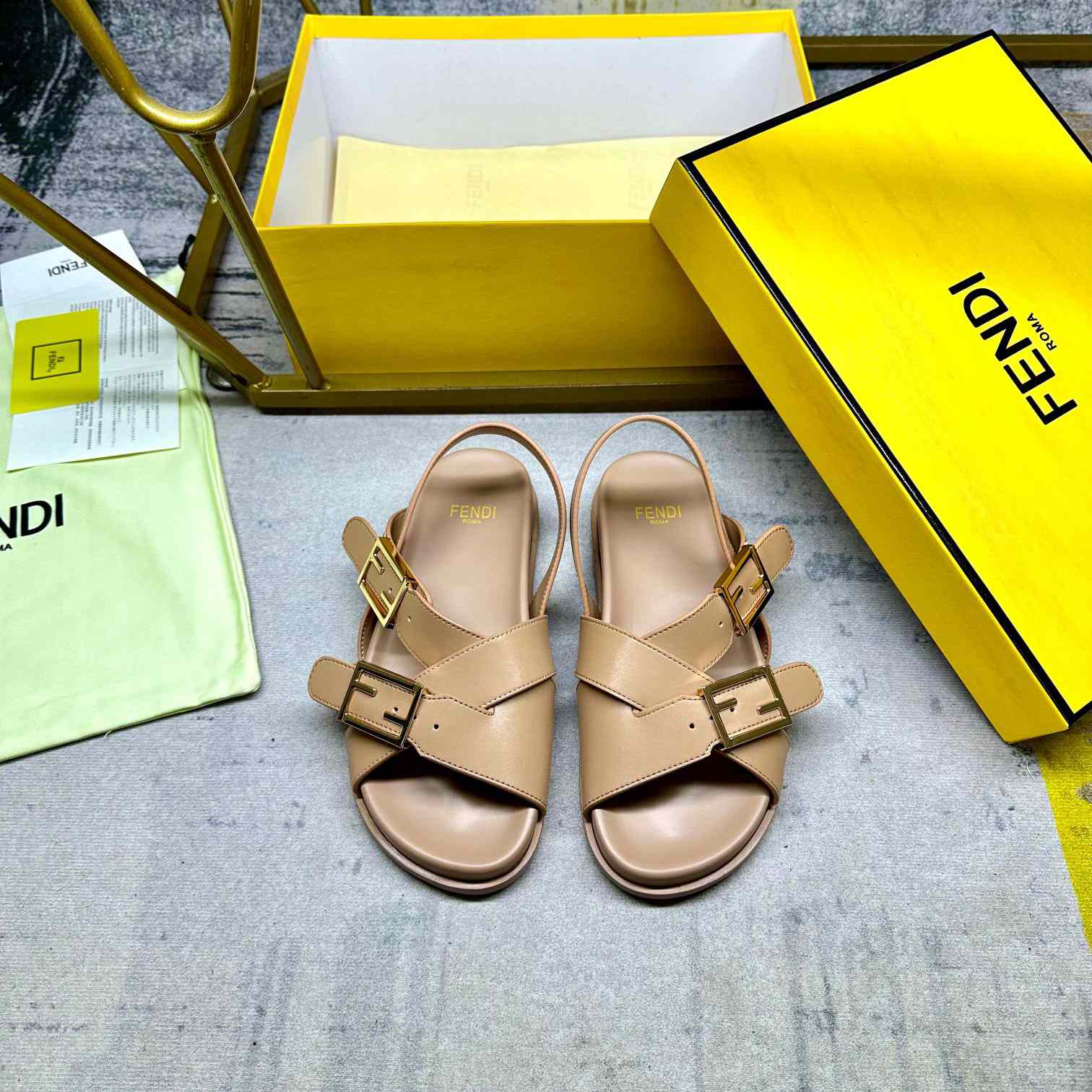 Fendi Feel Beige Leather Slides - EUR FASHION
