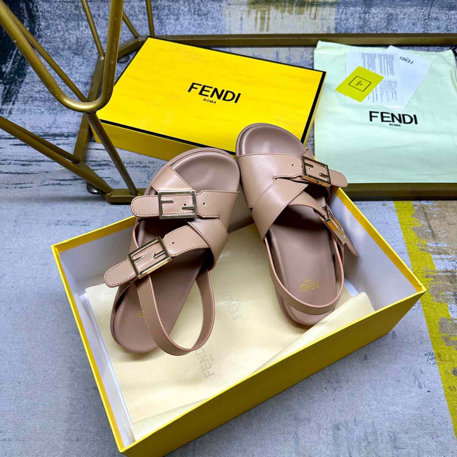 Fendi Feel Beige Leather Slides - EUR FASHION