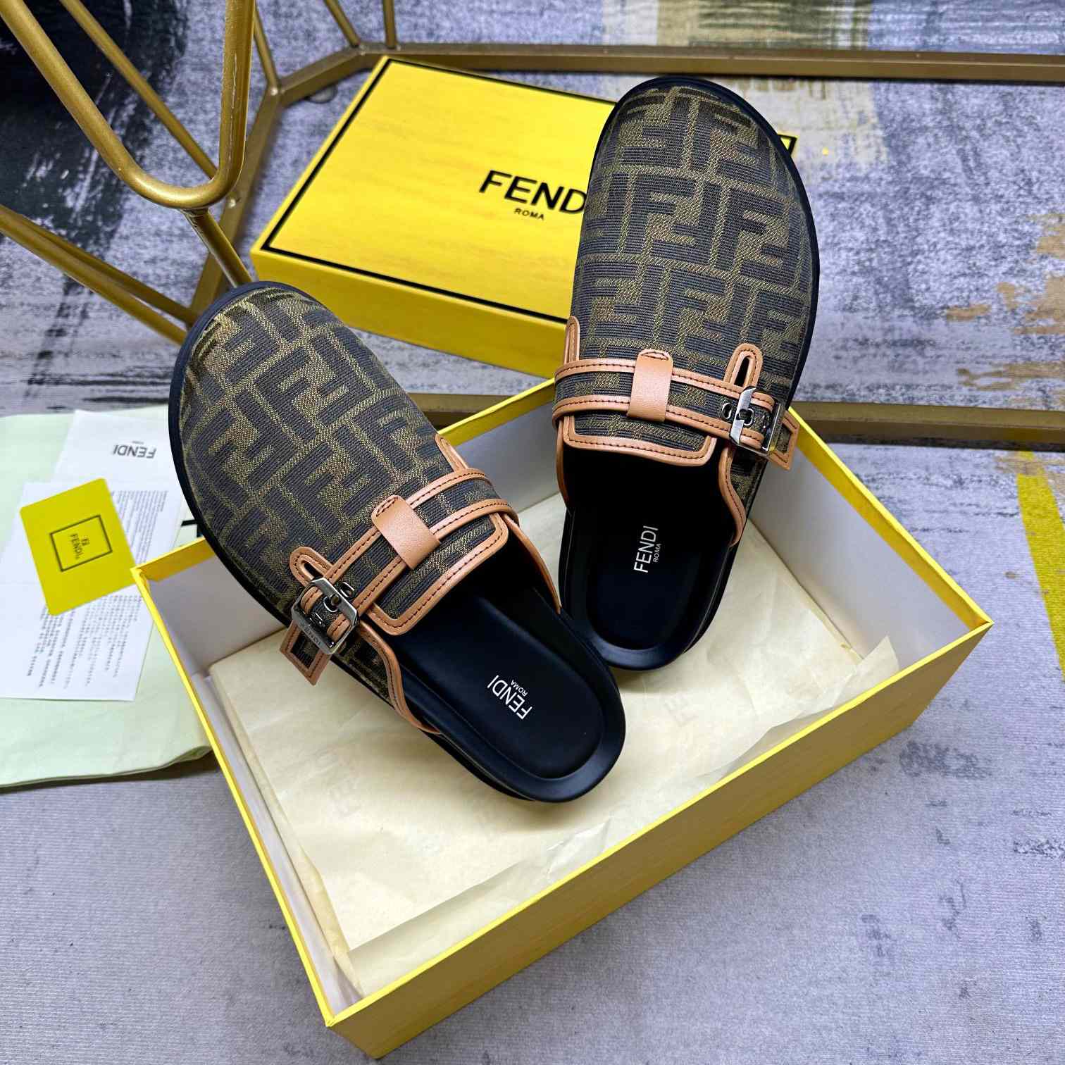 Fendi Feel Brown FF Jacquard Sandals - EUR FASHION