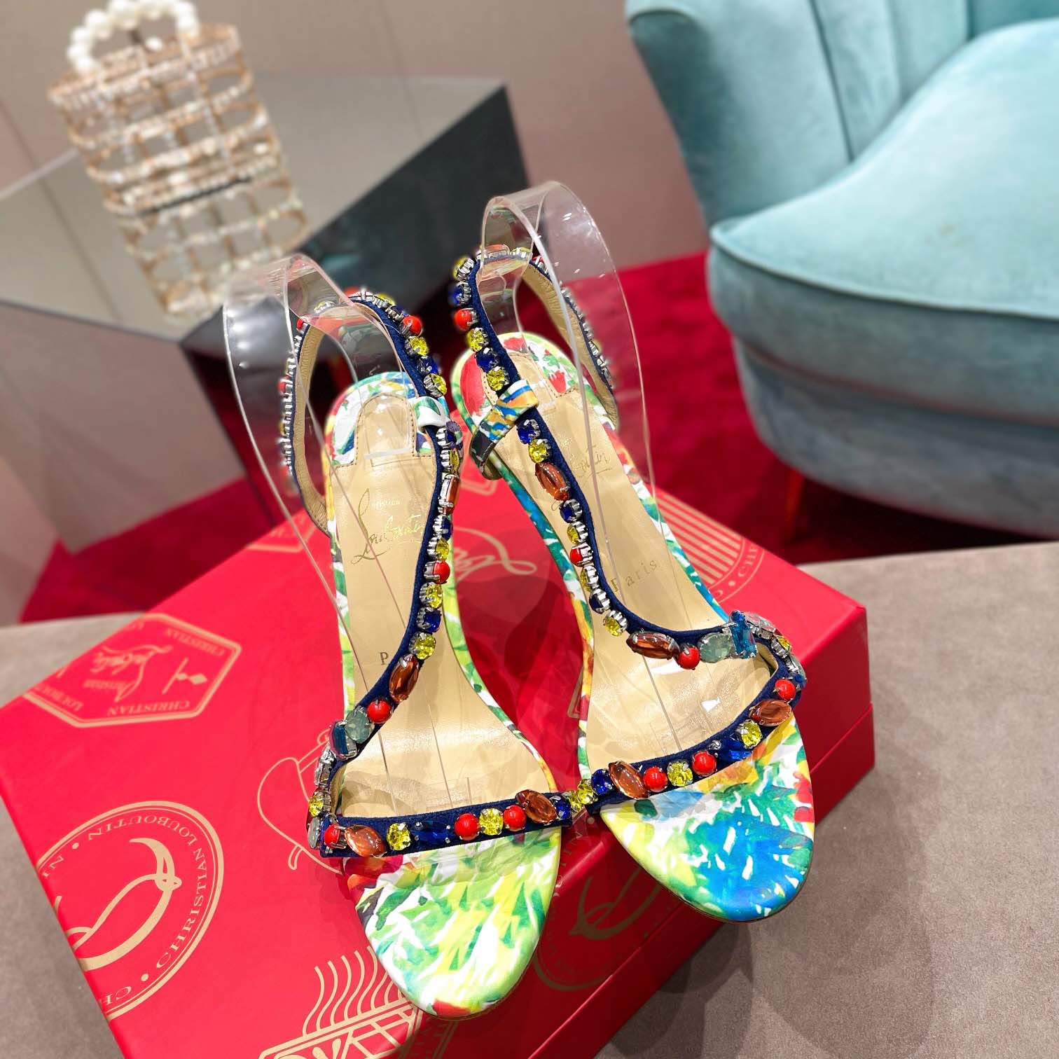 Christian Louboutin Satin Floral Print Slingback Sandals  10cm - EUR FASHION