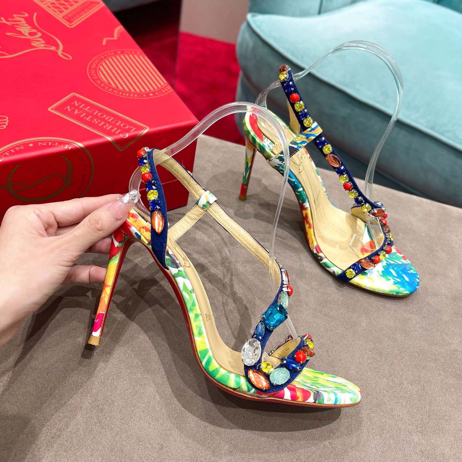 Christian Louboutin Satin Floral Print Slingback Sandals  10cm - EUR FASHION