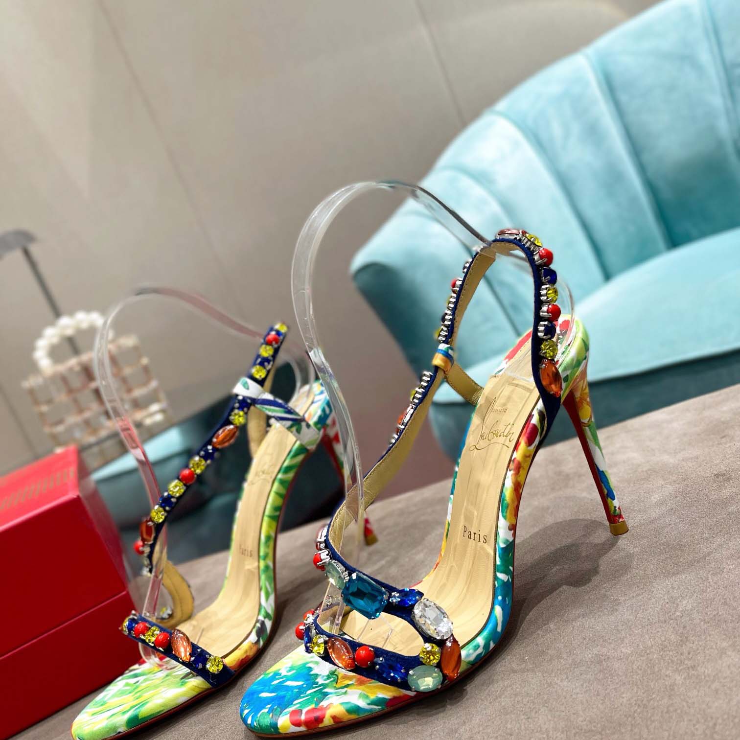 Christian Louboutin Satin Floral Print Slingback Sandals  10cm - EUR FASHION