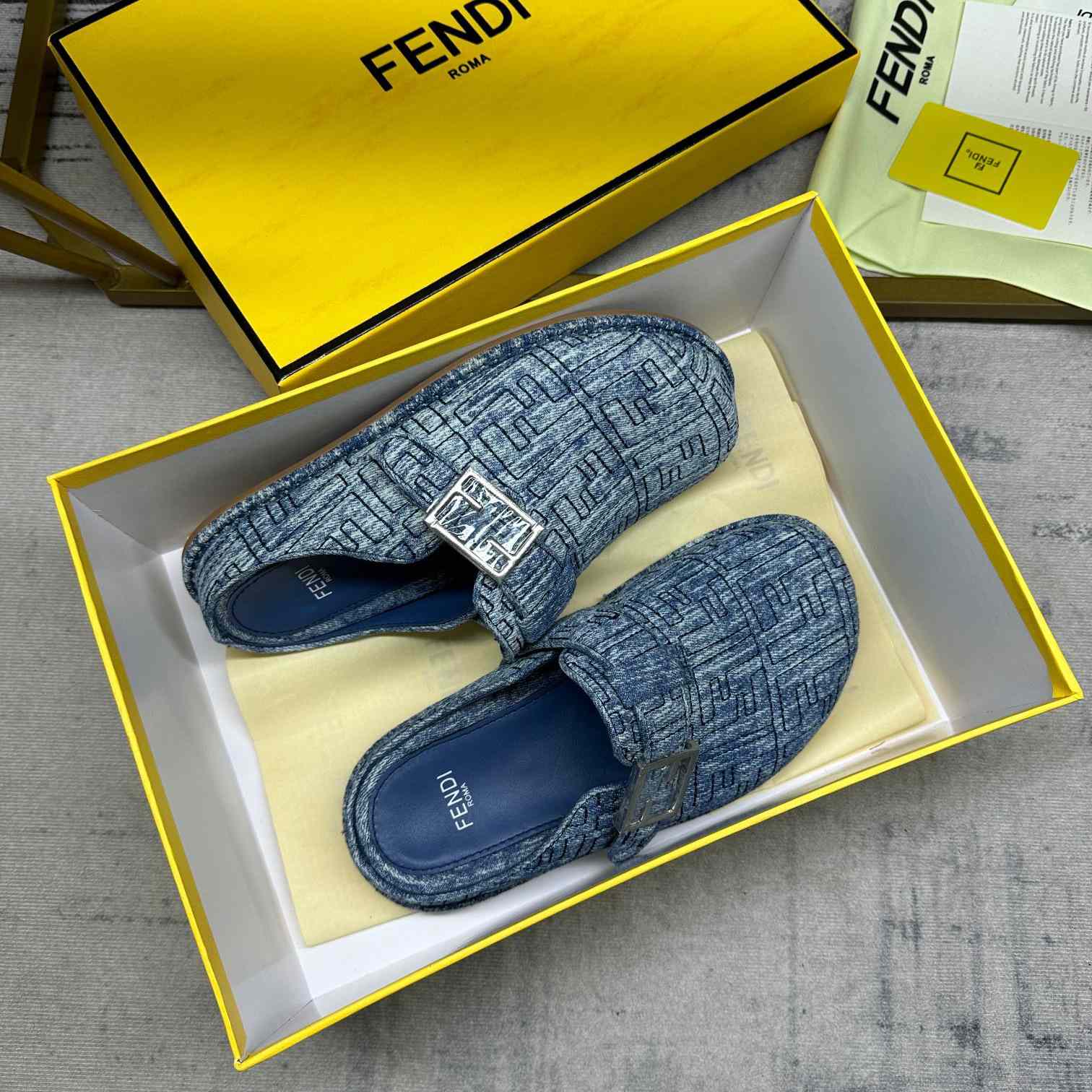 Fendi Feel Cotton Denim Logo Slip On Slide Clog Mule Flat - EUR FASHION