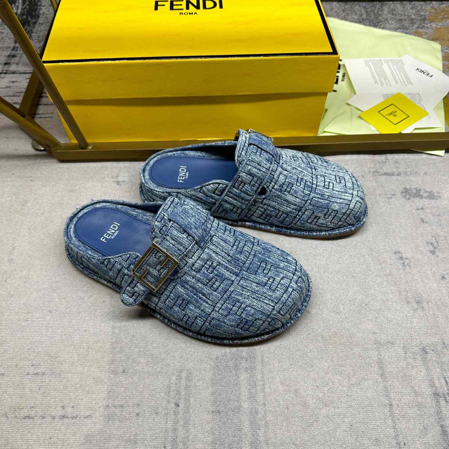 Fendi Feel Cotton Denim Logo Slip On Slide Clog Mule Flat - EUR FASHION