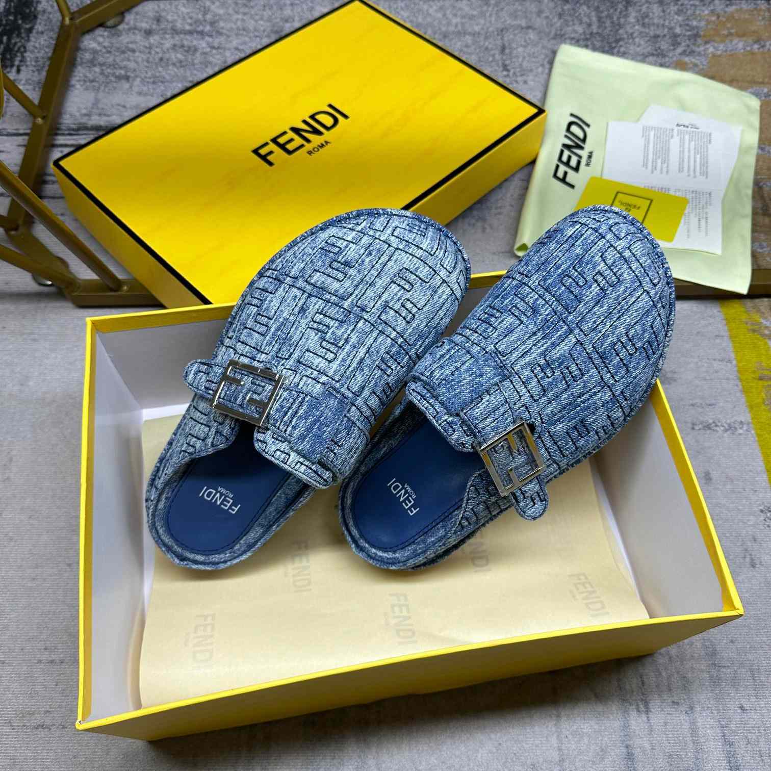 Fendi Feel Cotton Denim Logo Slip On Slide Clog Mule Flat - EUR FASHION