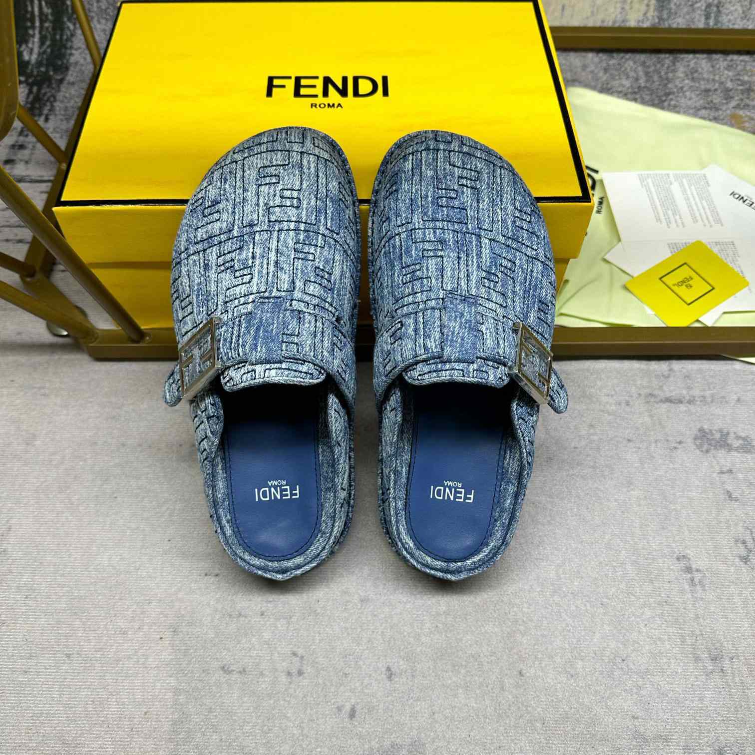 Fendi Feel Cotton Denim Logo Slip On Slide Clog Mule Flat - EUR FASHION
