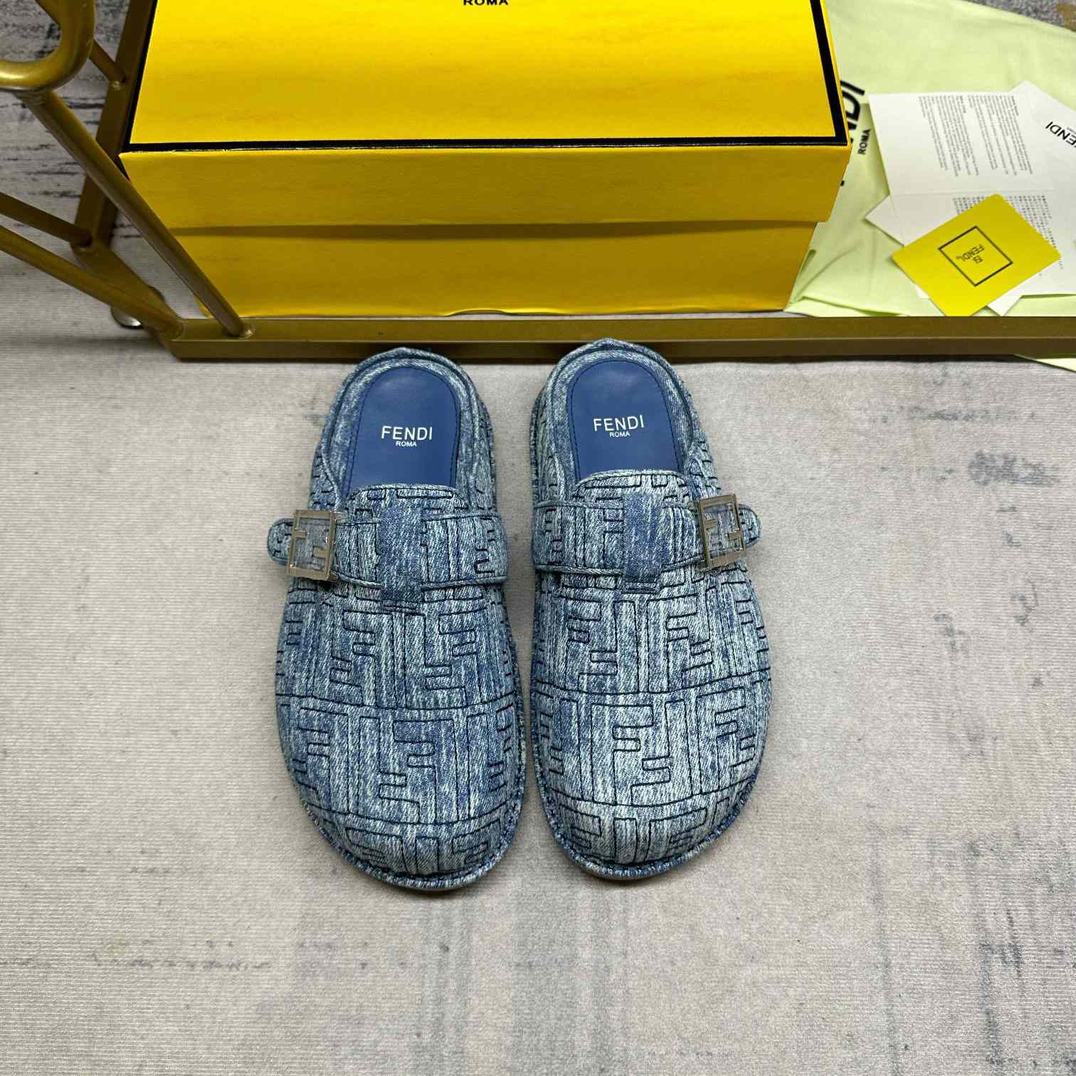 Fendi Feel Cotton Denim Logo Slip On Slide Clog Mule Flat - EUR FASHION