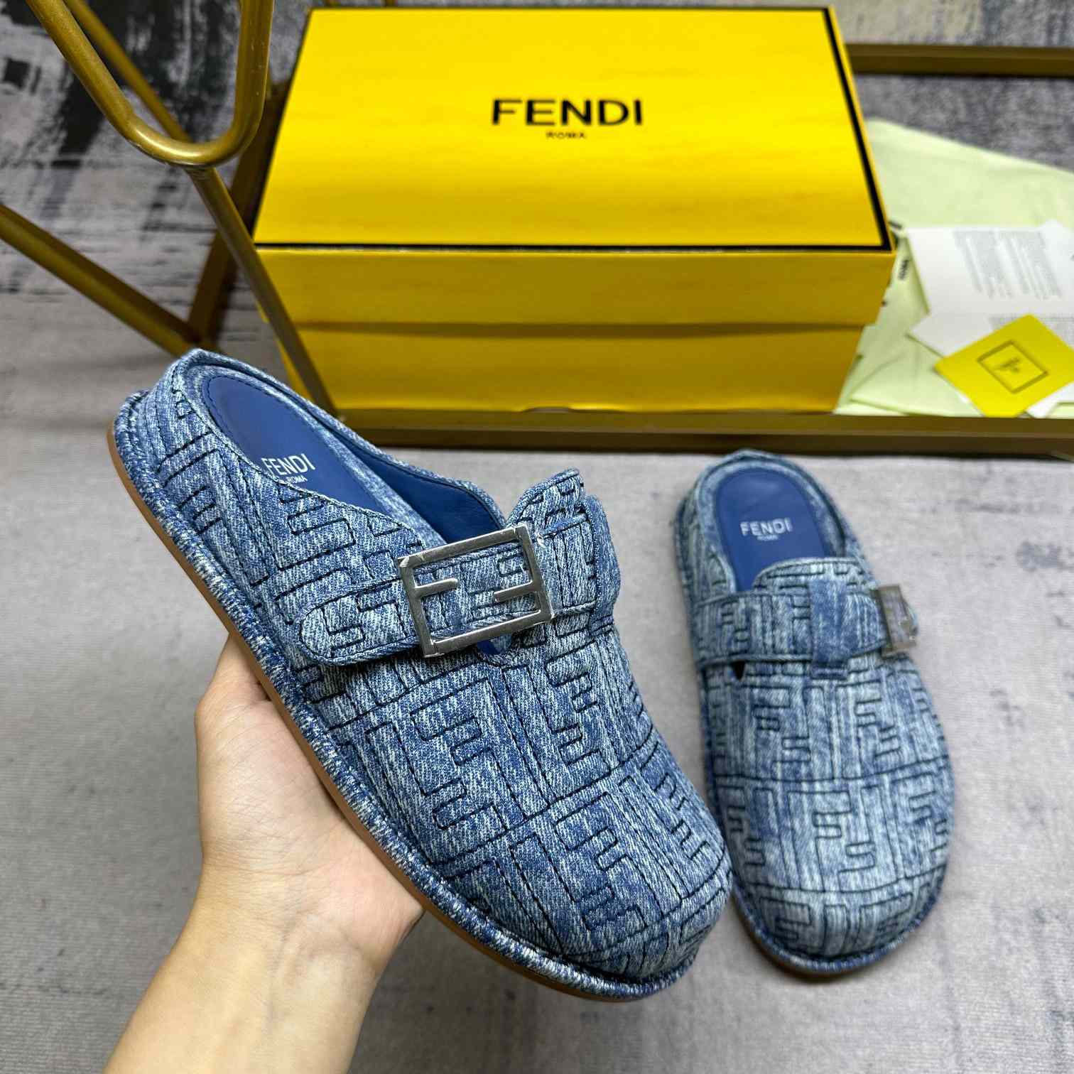 Fendi Feel Cotton Denim Logo Slip On Slide Clog Mule Flat - EUR FASHION