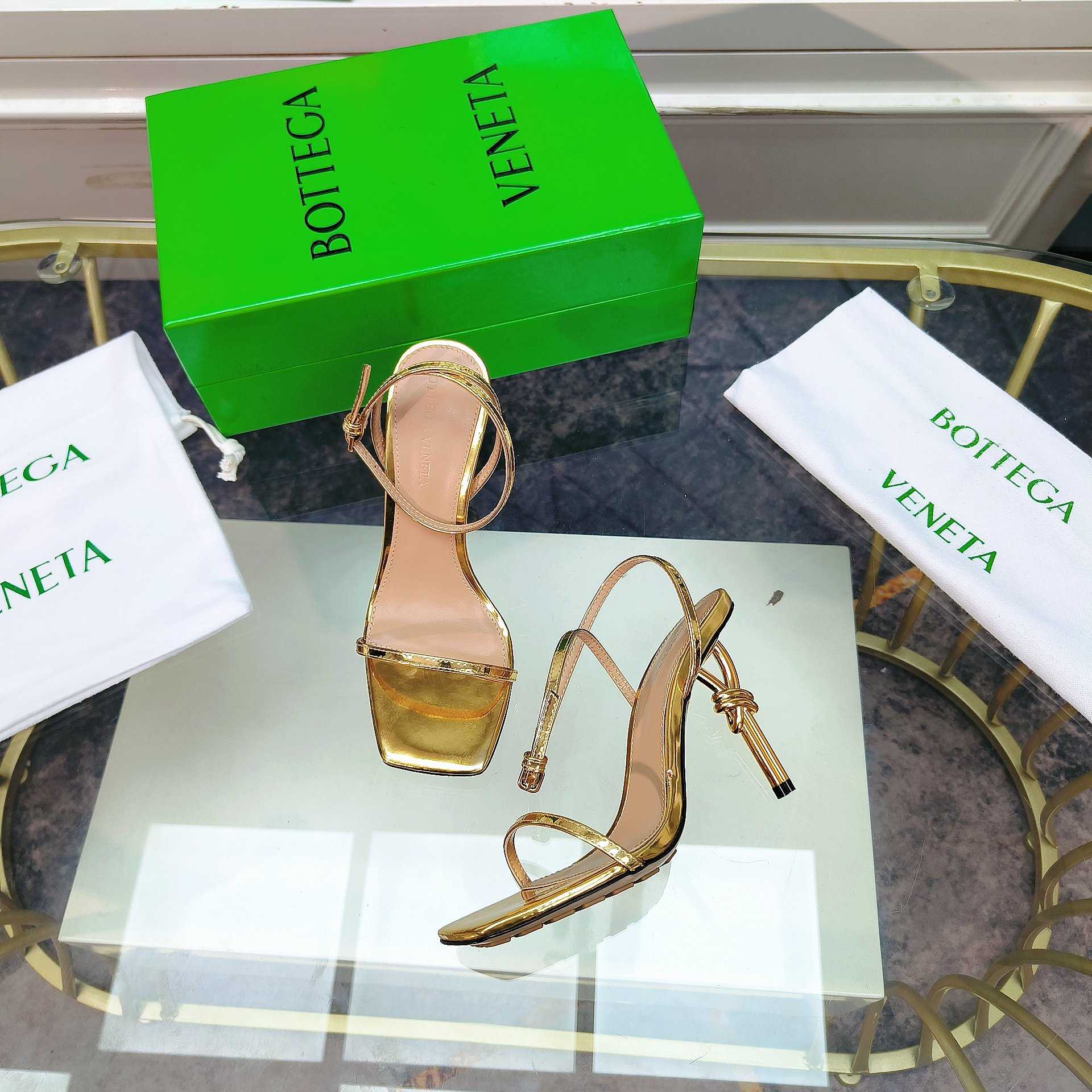 Bottega Veneta Gold Knot Gold Sandals Heels - EUR FASHION