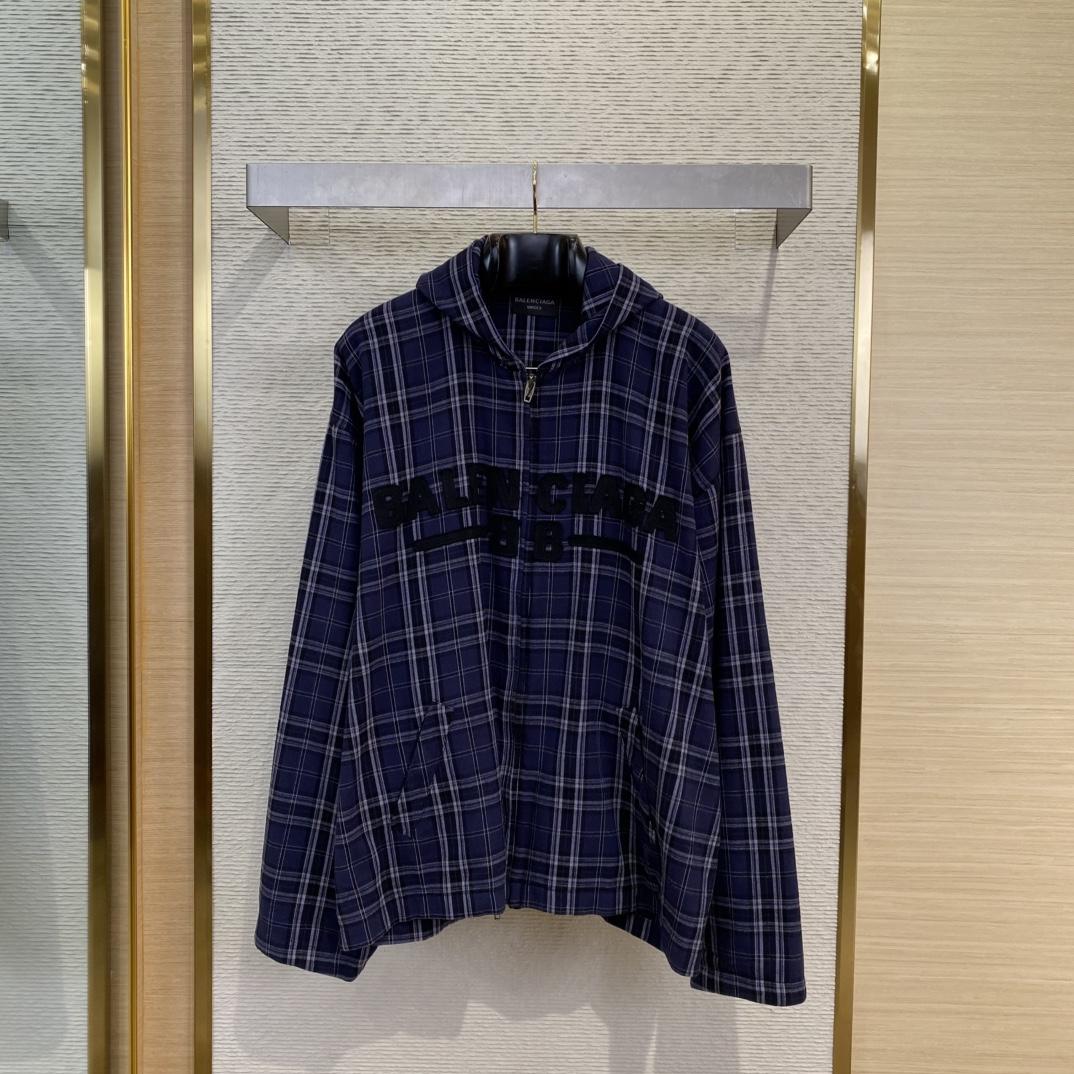 Balenciaga SS25 Logo Embroidered Hooded Check Jacket - EUR FASHION