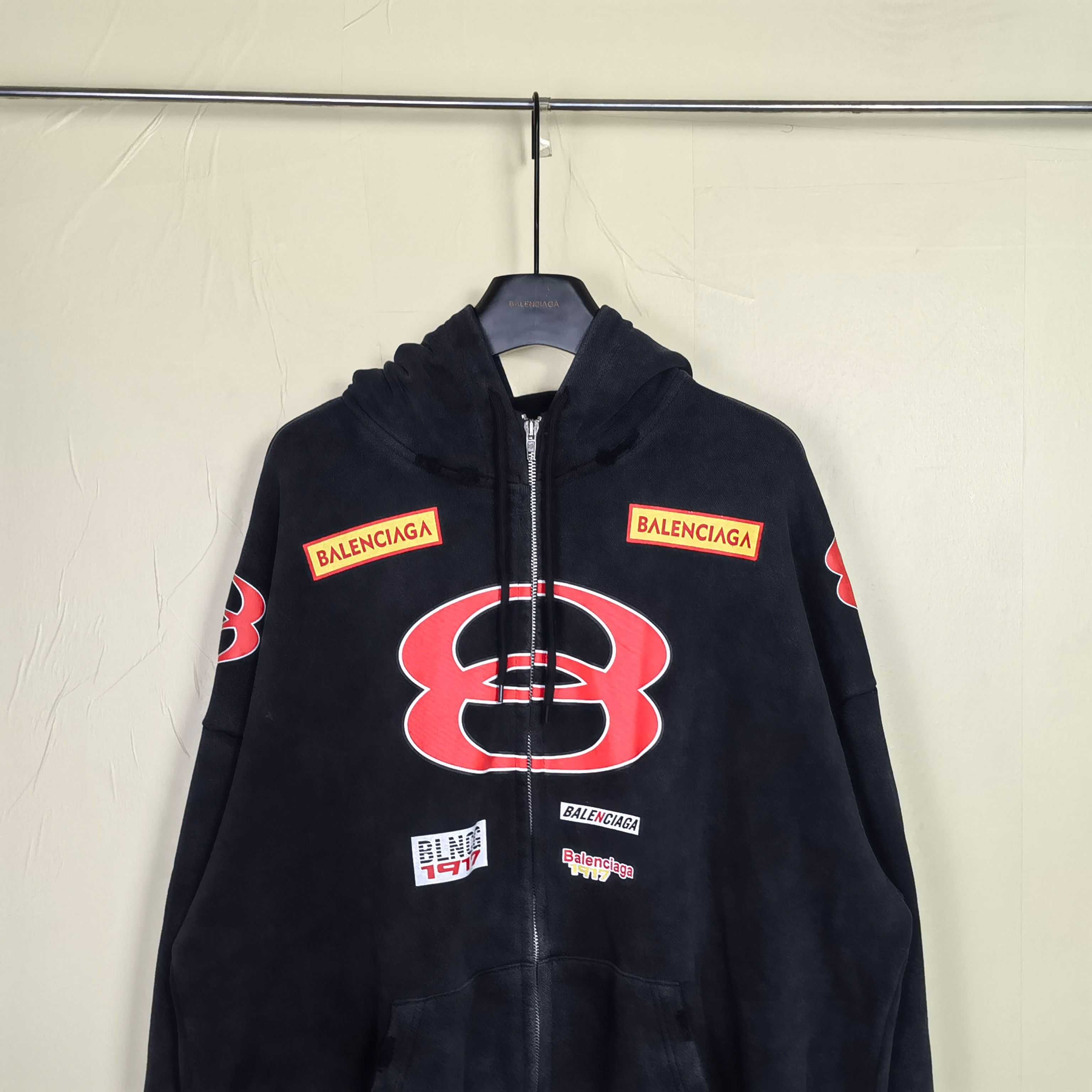 Balenciaga Sponsor Logos Large Zip-Up Hoodie In Faded Washed Black - EUR FASHION