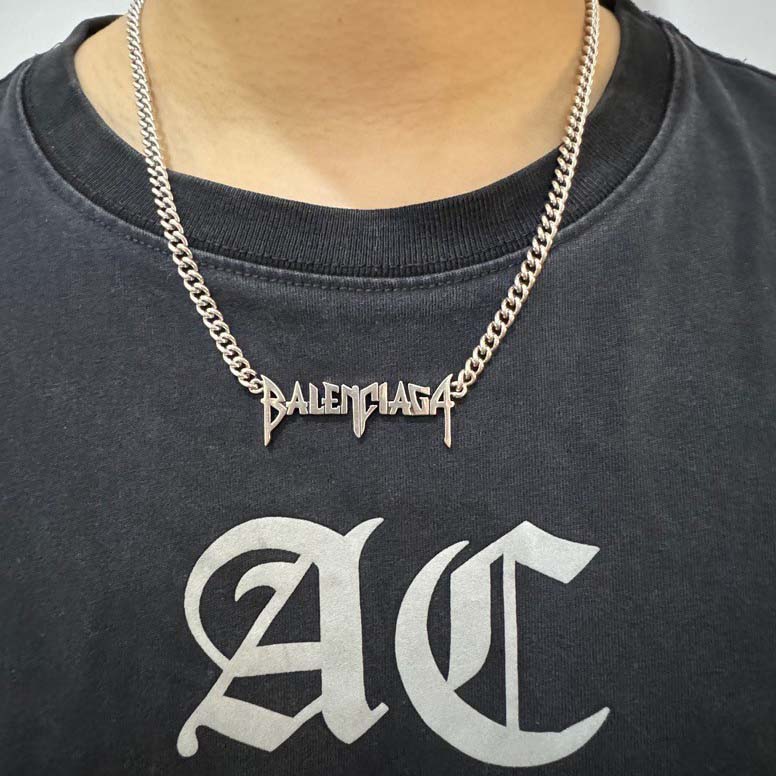 Balenciaga Typo Metal Necklace In Antique Silver Brass - EUR FASHION
