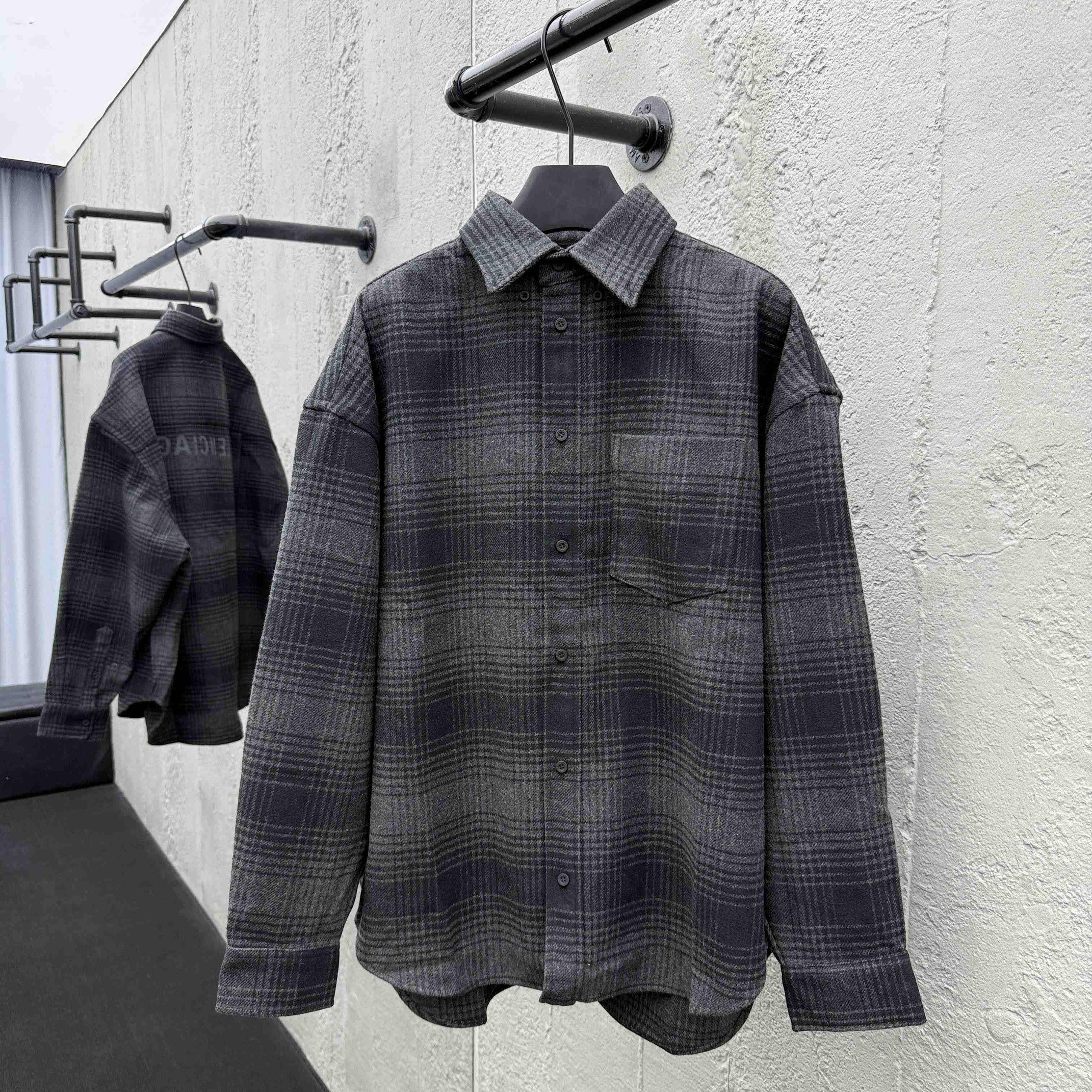 Balenciaga Oversized Shirt In Grey And Black Mix Wool Flannel - EUR FASHION
