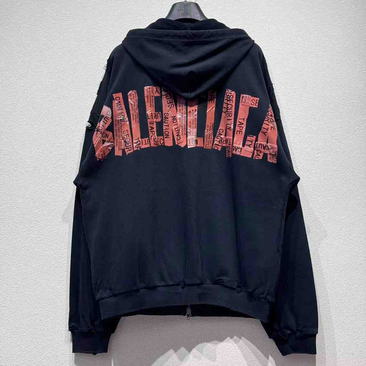 Balenciaga Security Tape Logo Large Zip-Up Hoodie In Faded Washed Black And Red Dry Fleece - EUR FASHION