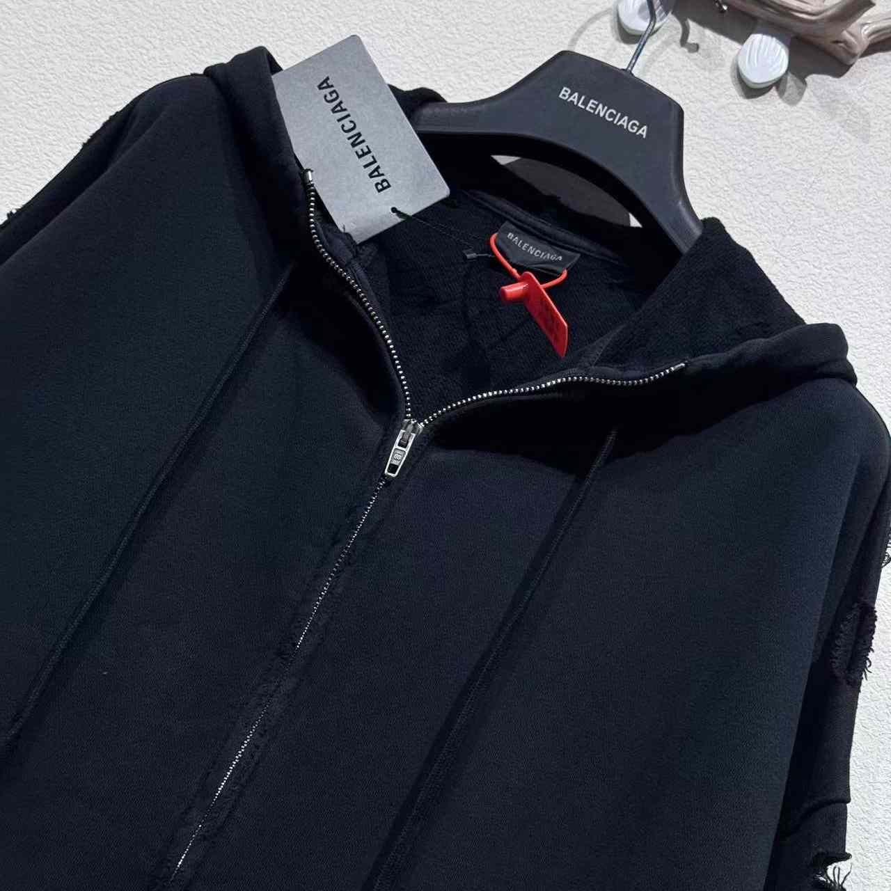 Balenciaga Security Tape Logo Large Zip-Up Hoodie In Faded Washed Black And Red Dry Fleece - EUR FASHION