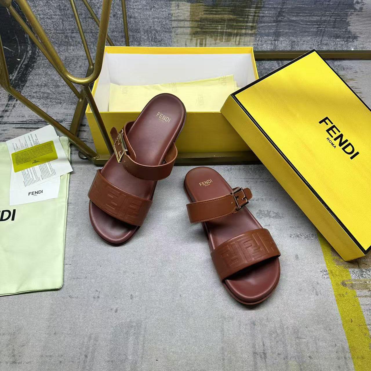 Fendi Feel Leather Double Strap Sandals - EUR FASHION
