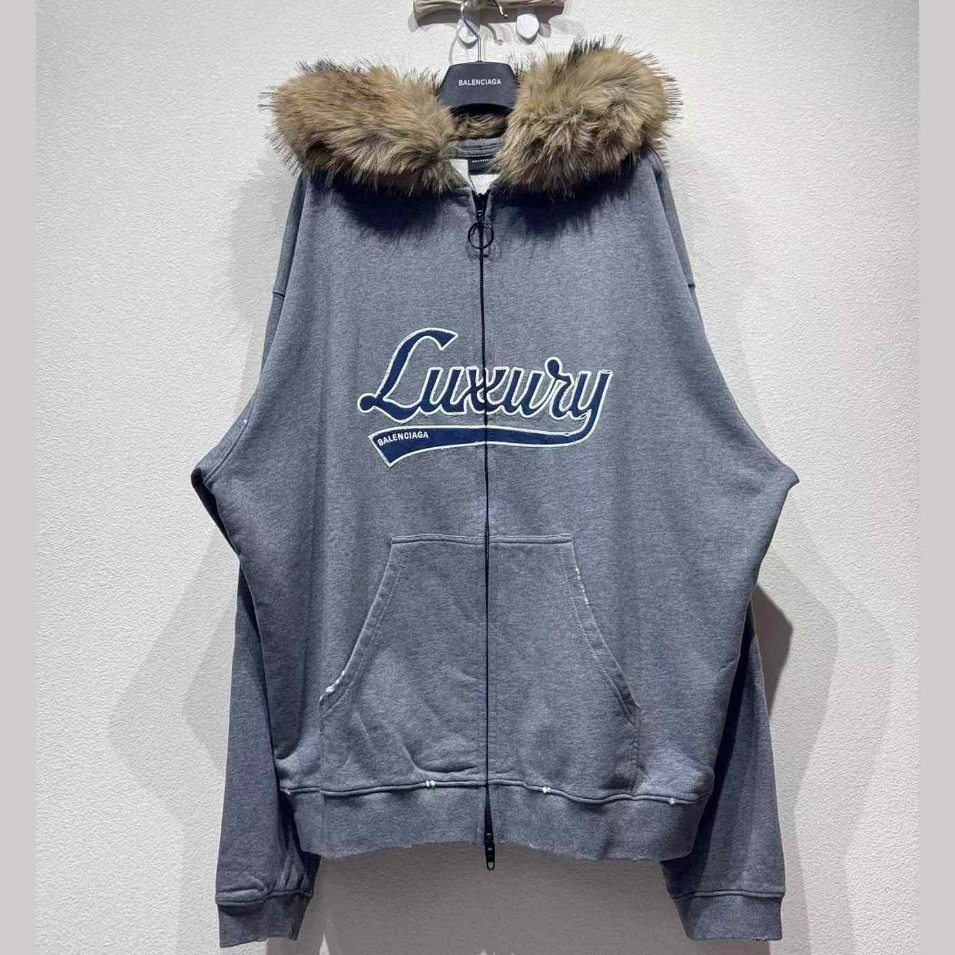 Balenciaga Luxury Script Oversized Zip-Up Hoodie In Dark Heather Grey - EUR FASHION