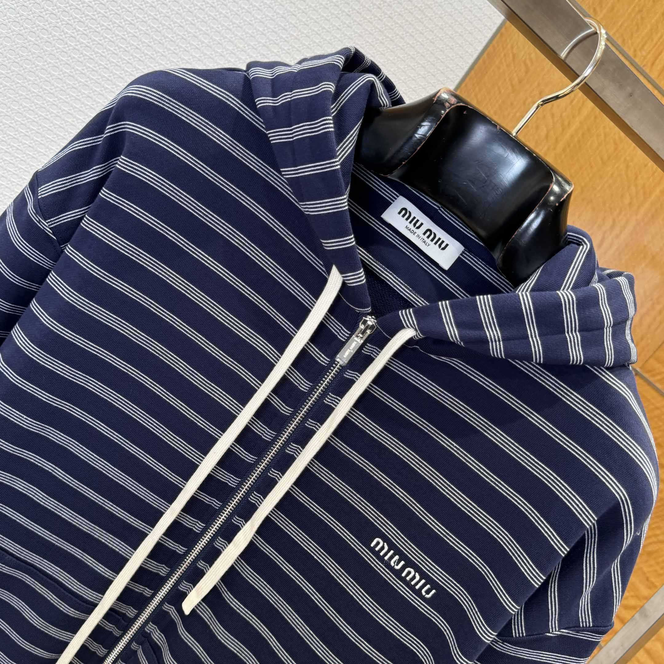 Miu Miu Striped Cotton Fleece Hoodie Jacket - EUR FASHION