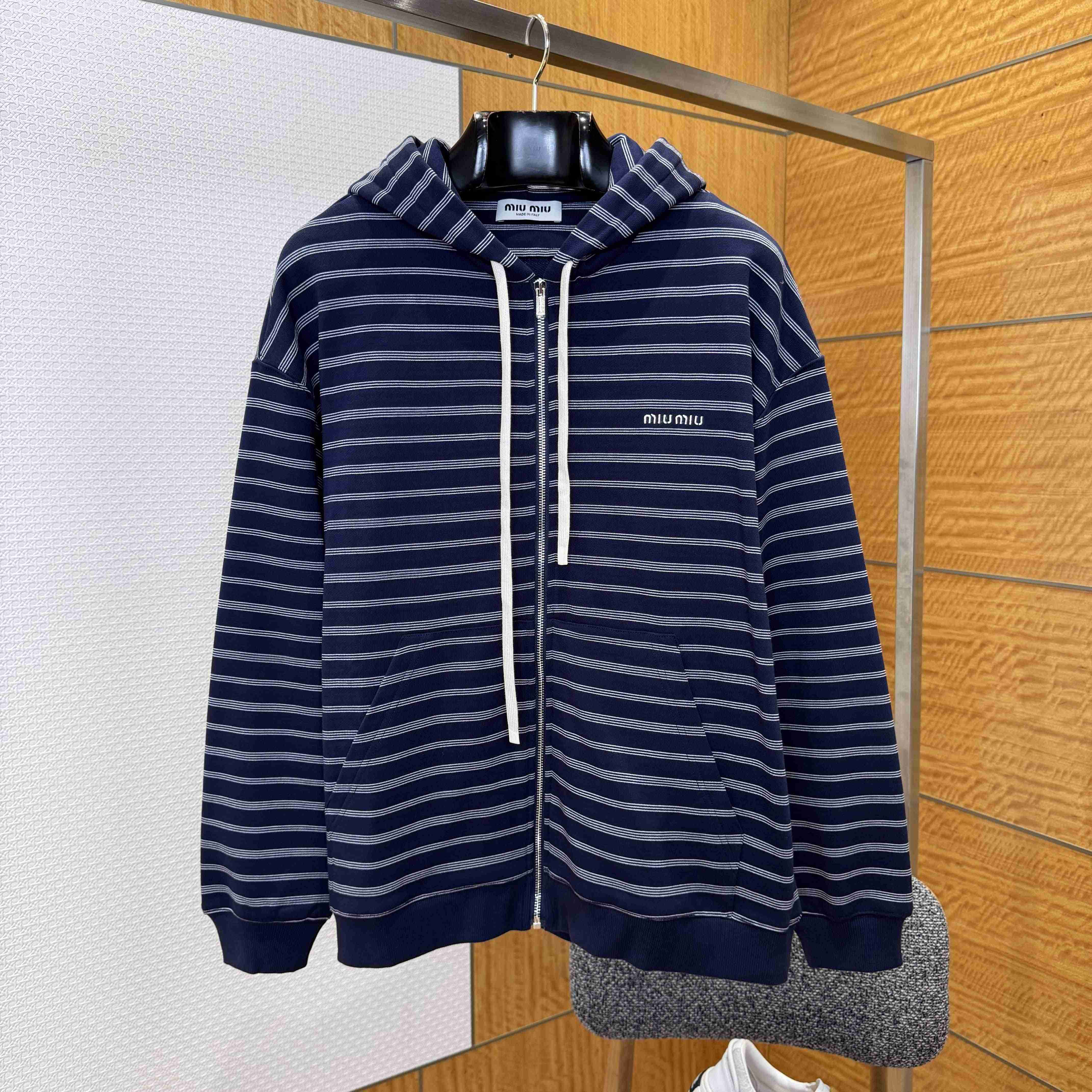Miu Miu Striped Cotton Fleece Hoodie Jacket - EUR FASHION
