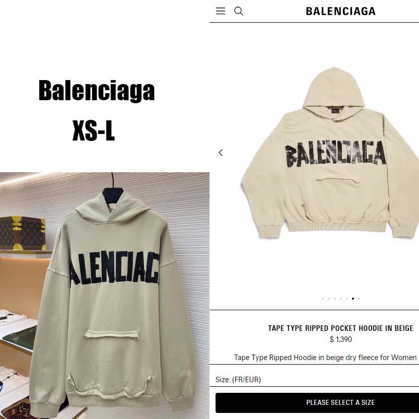 Balenciaga Tape Type Ripped Hoodie In Beige Dry leece - EUR FASHION