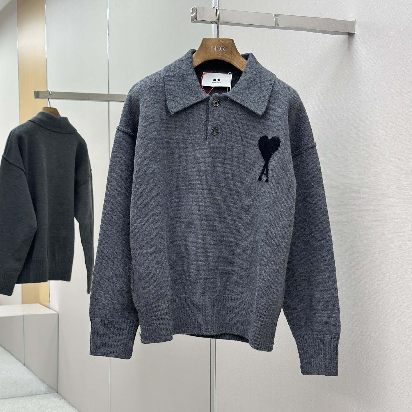 AMI Paris Grey Wool Ami De Coeur Polo - EUR FASHION