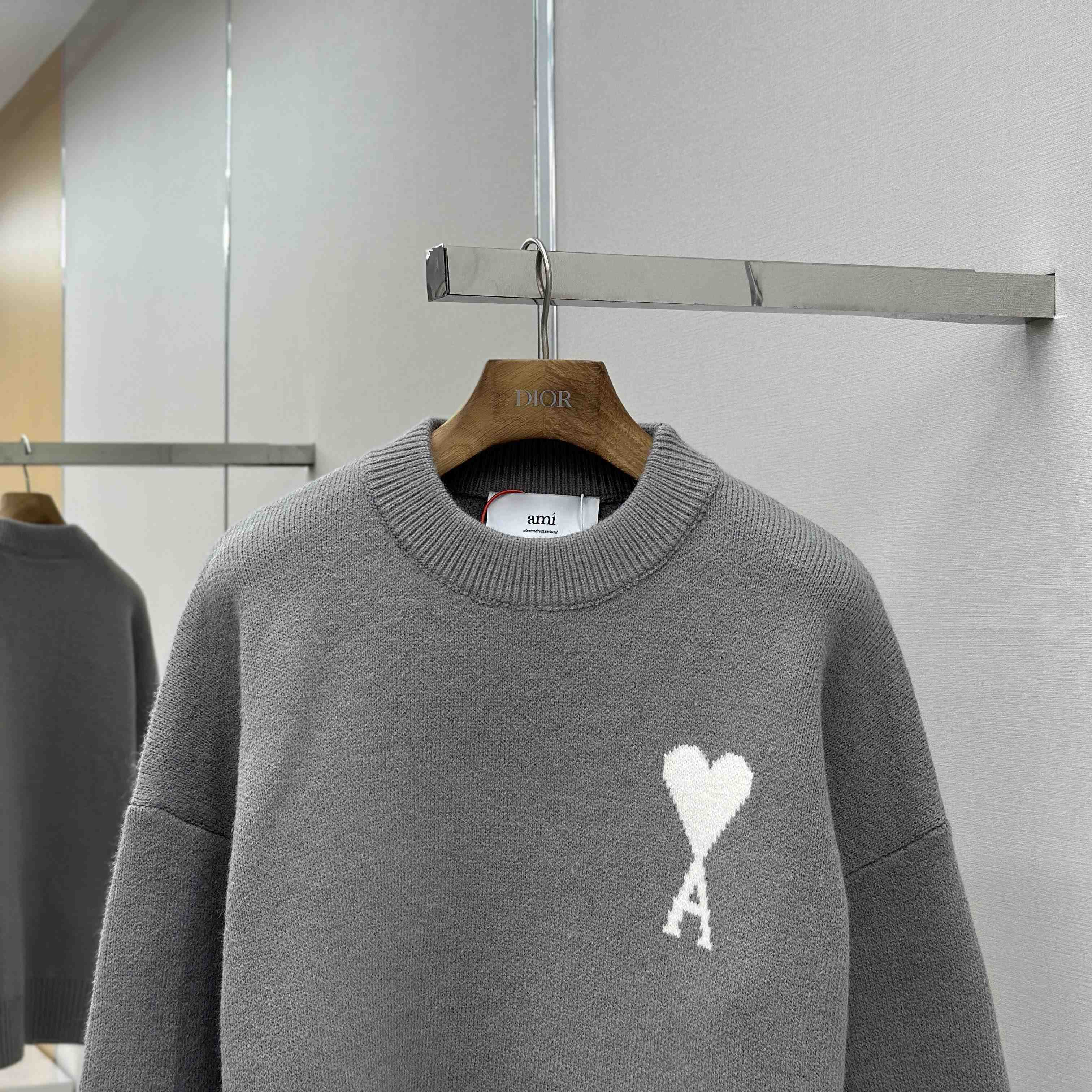 AMI Paris Grey Alpaca Ami De Coeur Crewneck Sweater  - EUR FASHION
