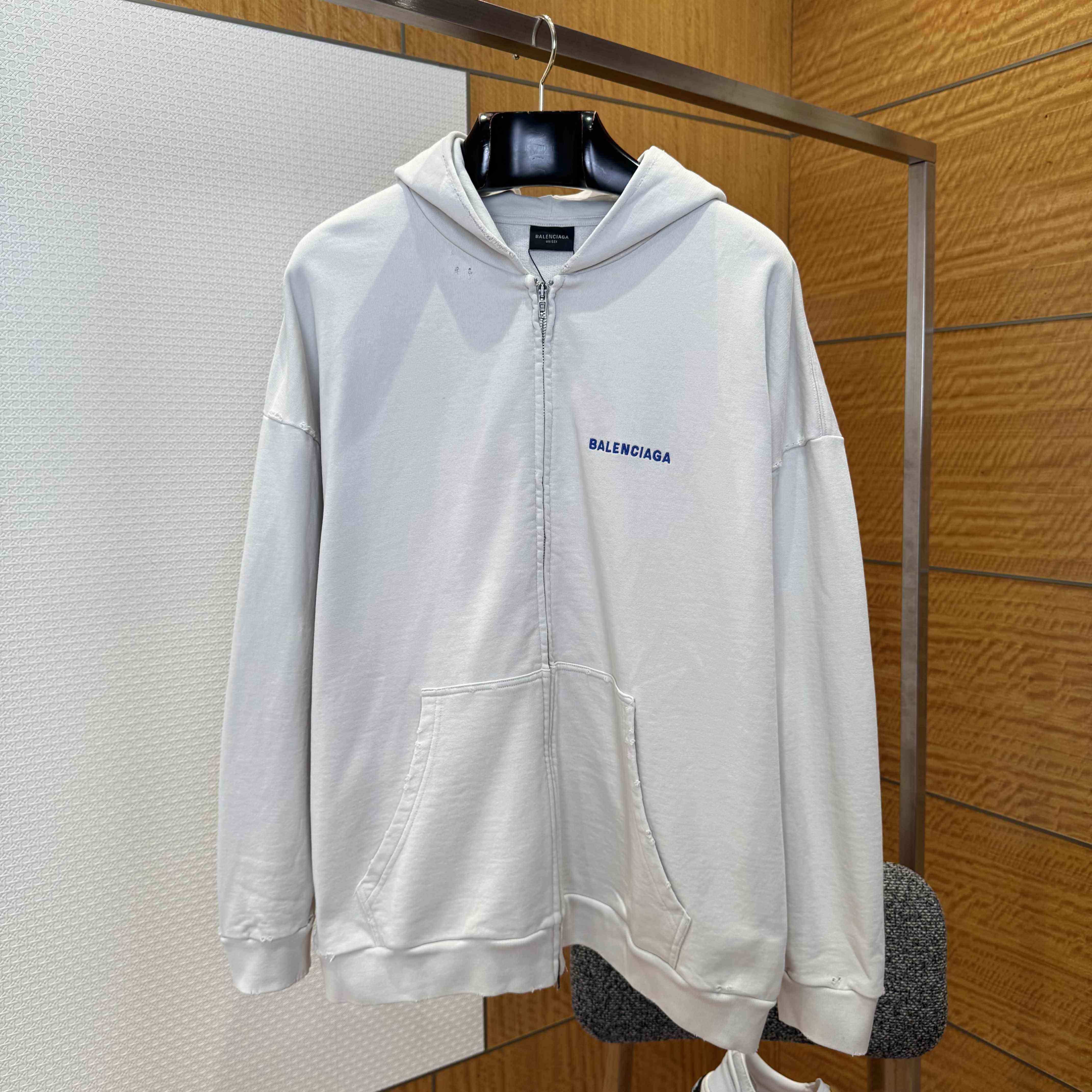 Balenciaga Back Zip-Up Hoodie Regular Fit In Dirty White And Blue Dry Fleece - EUR FASHION