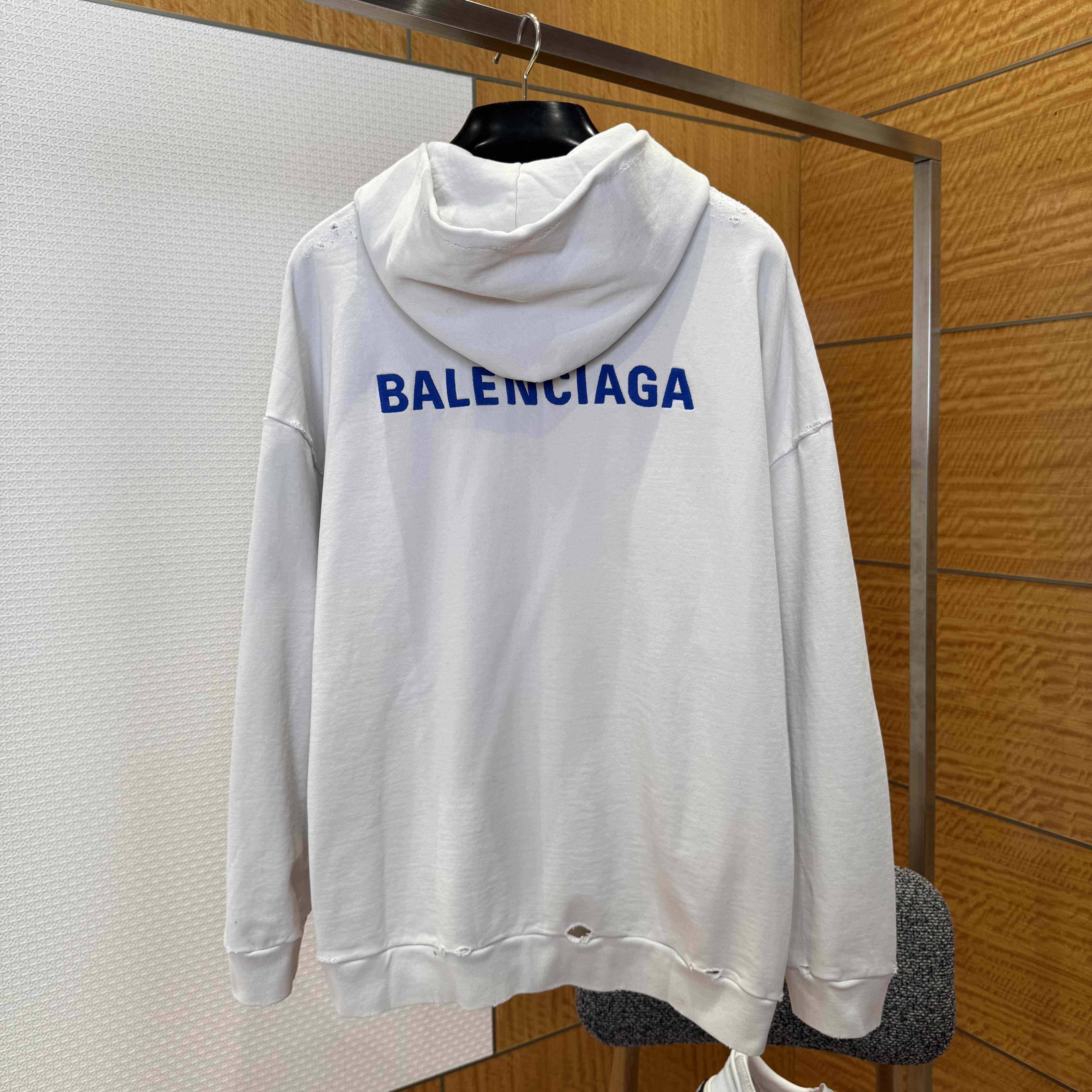 Balenciaga Back Zip-Up Hoodie Regular Fit In Dirty White And Blue Dry Fleece - EUR FASHION