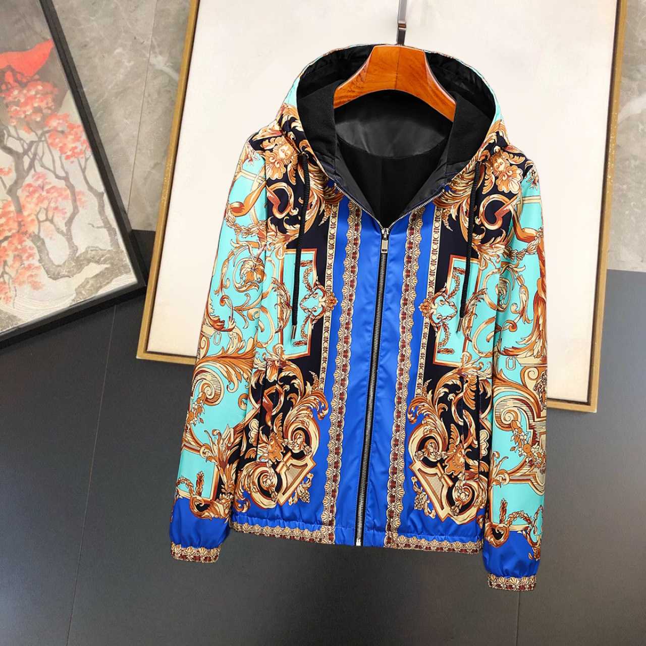 Versace Eros Baroque Printed Blue Golden Zip Up Bomber Jacket - EUR FASHION