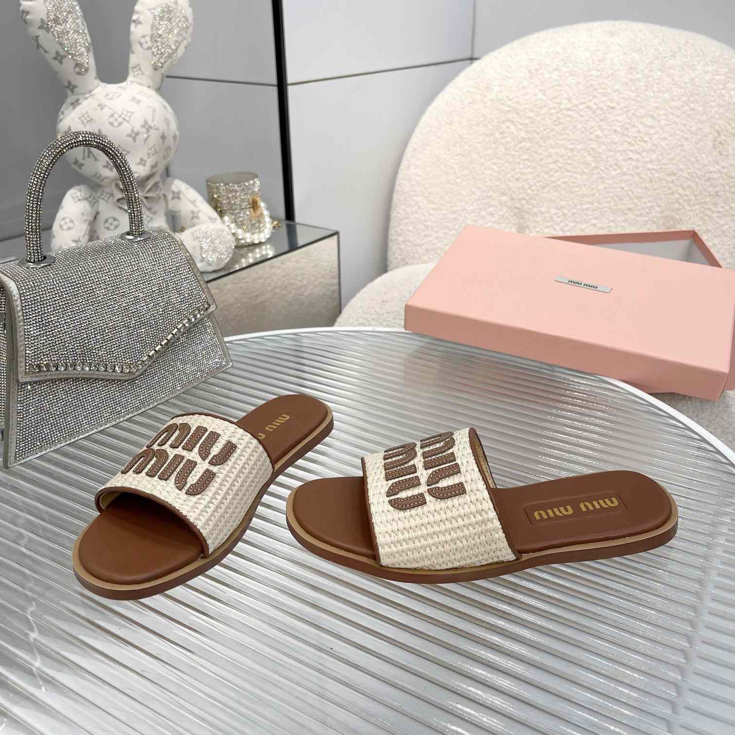 Miu Miu Logo-patch Raffia Slides - EUR FASHION