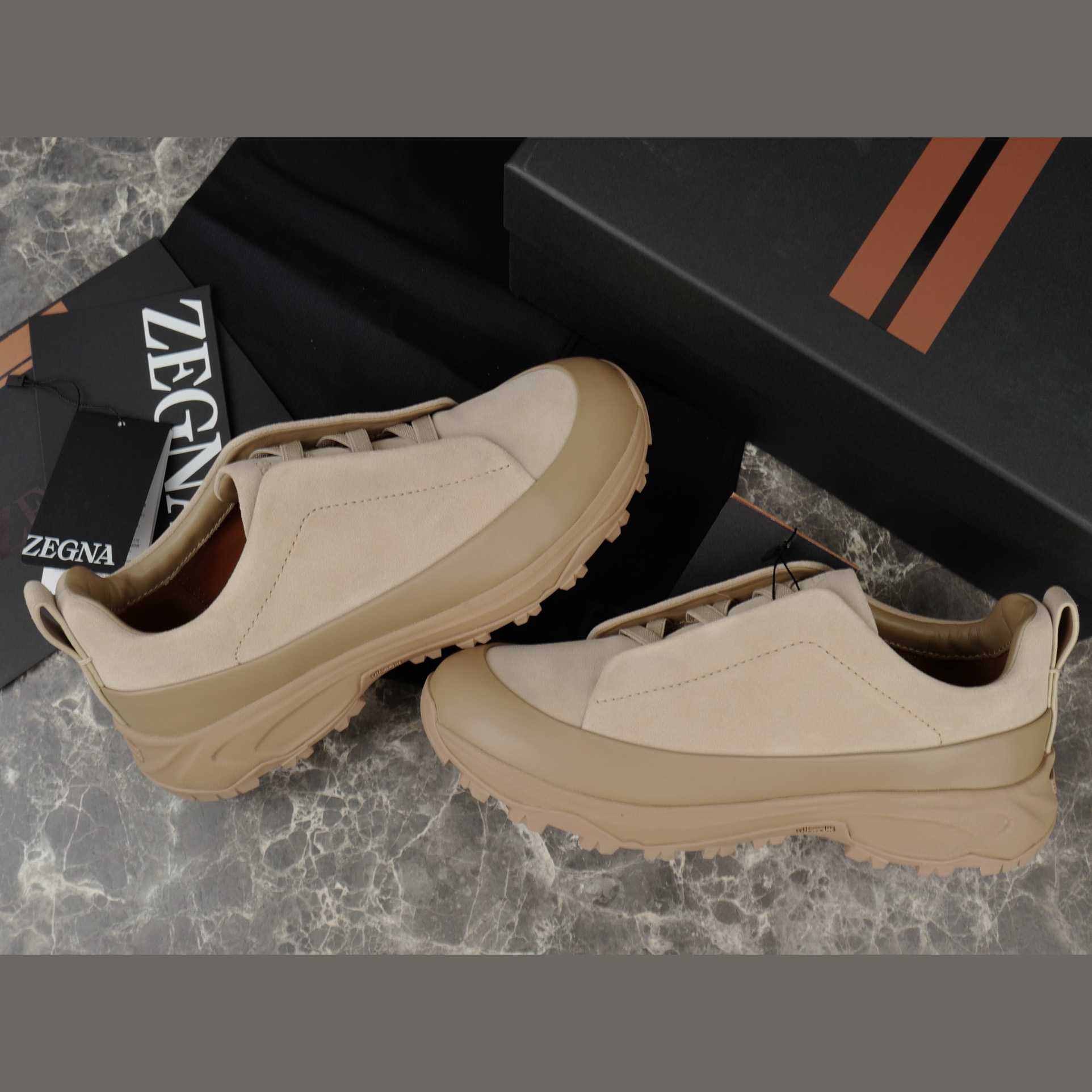 Zegna Light Taupe Leather and Suede Triple Stitch™ Monte Sneakers - EUR FASHION