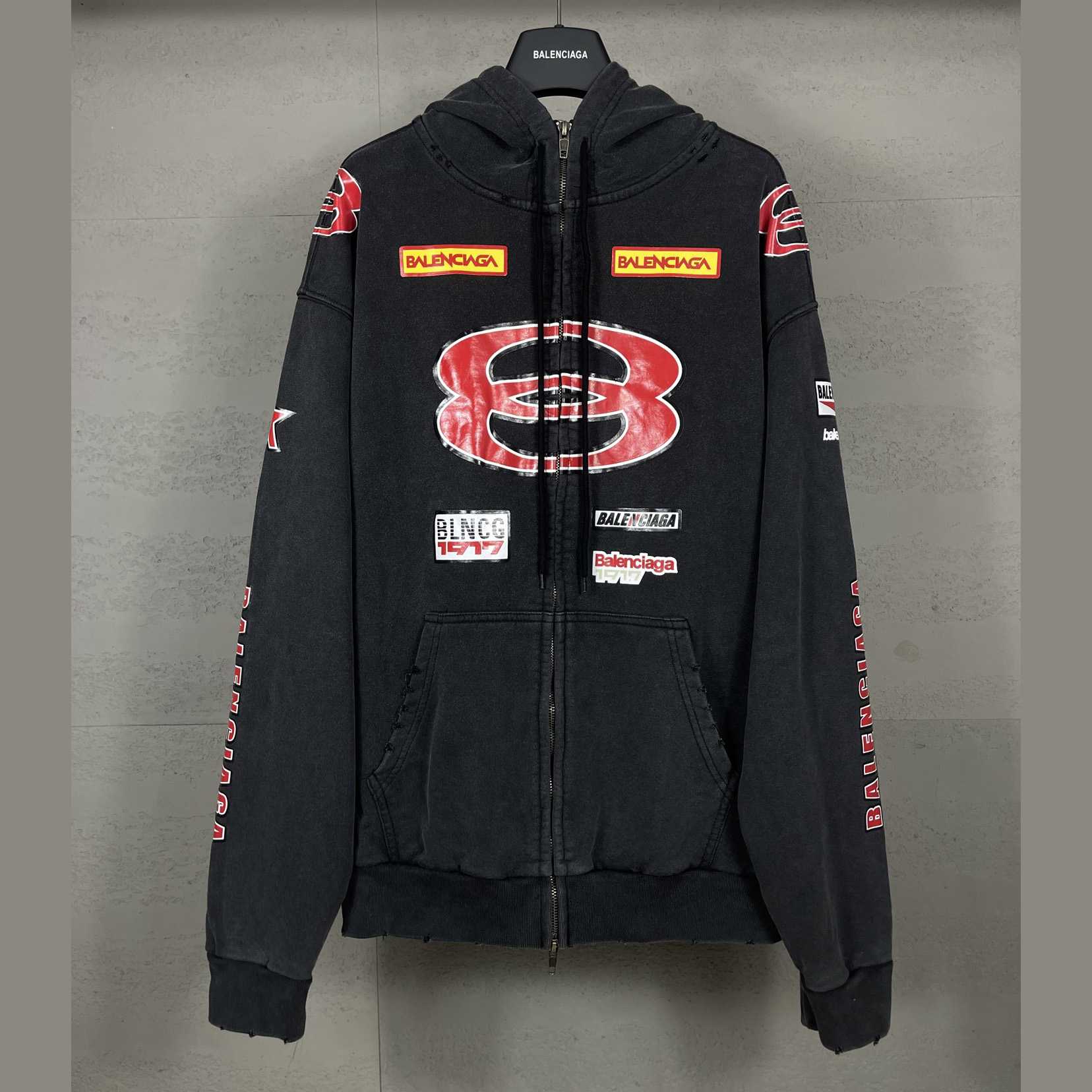 Balenciaga Sponsor Logos Large Zip-Up Hoodie In Faded Washed Black - EUR FASHION