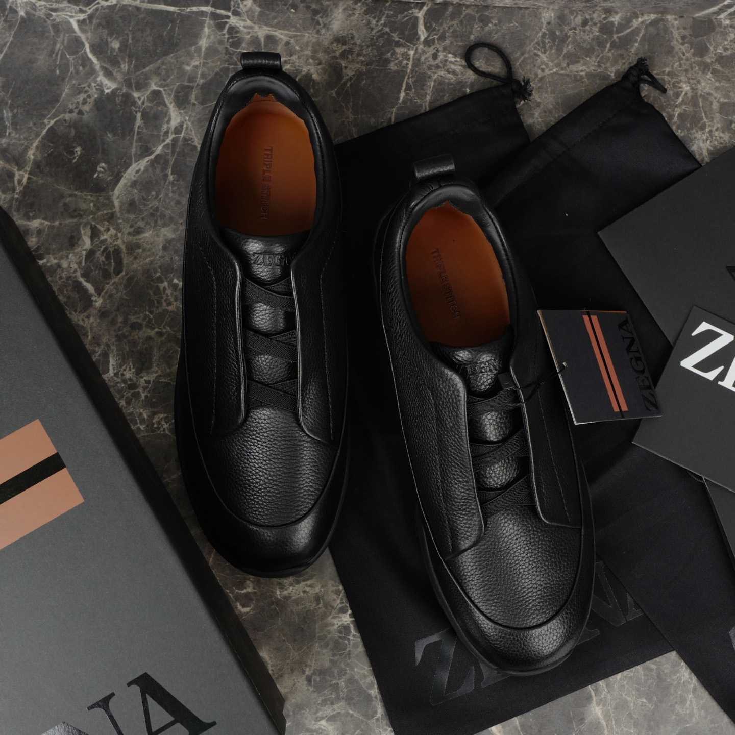 Zegna Black Leather Triple Stitch™ Monte Sneakers - EUR FASHION