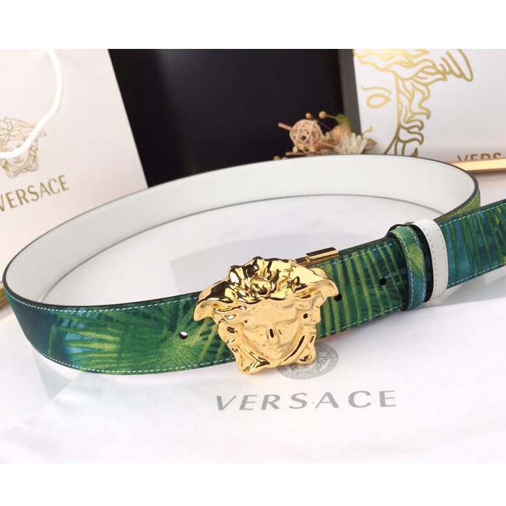 Versace Head Leather Green Belt With Gold Buckle - EUR FASHION