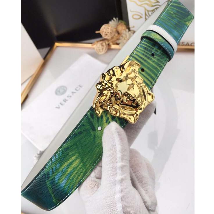 Versace Head Leather Green Belt With Gold Buckle - EUR FASHION