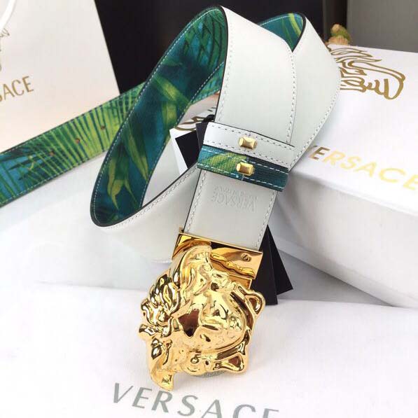Versace Head Leather Green Belt With Gold Buckle - EUR FASHION