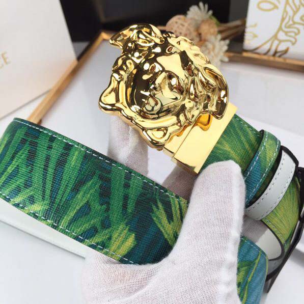 Versace Head Leather Green Belt With Gold Buckle - EUR FASHION