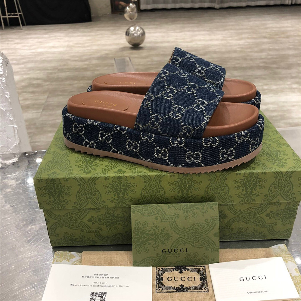 Gucci Women's Platform Slide Sandal(Blue and Ivory) - EUR FASHION