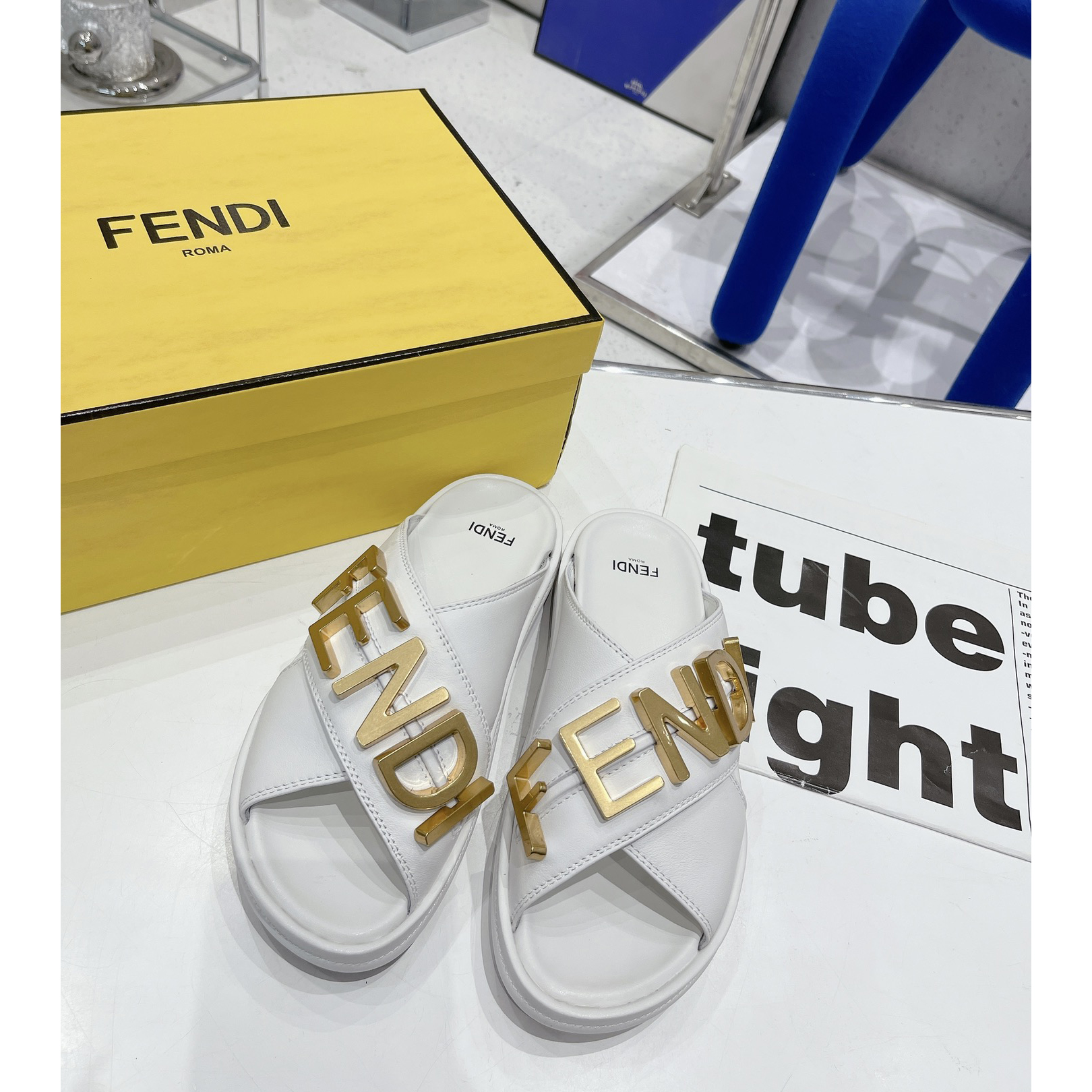 Fendi Graphy White Leather Slides - EUR FASHION