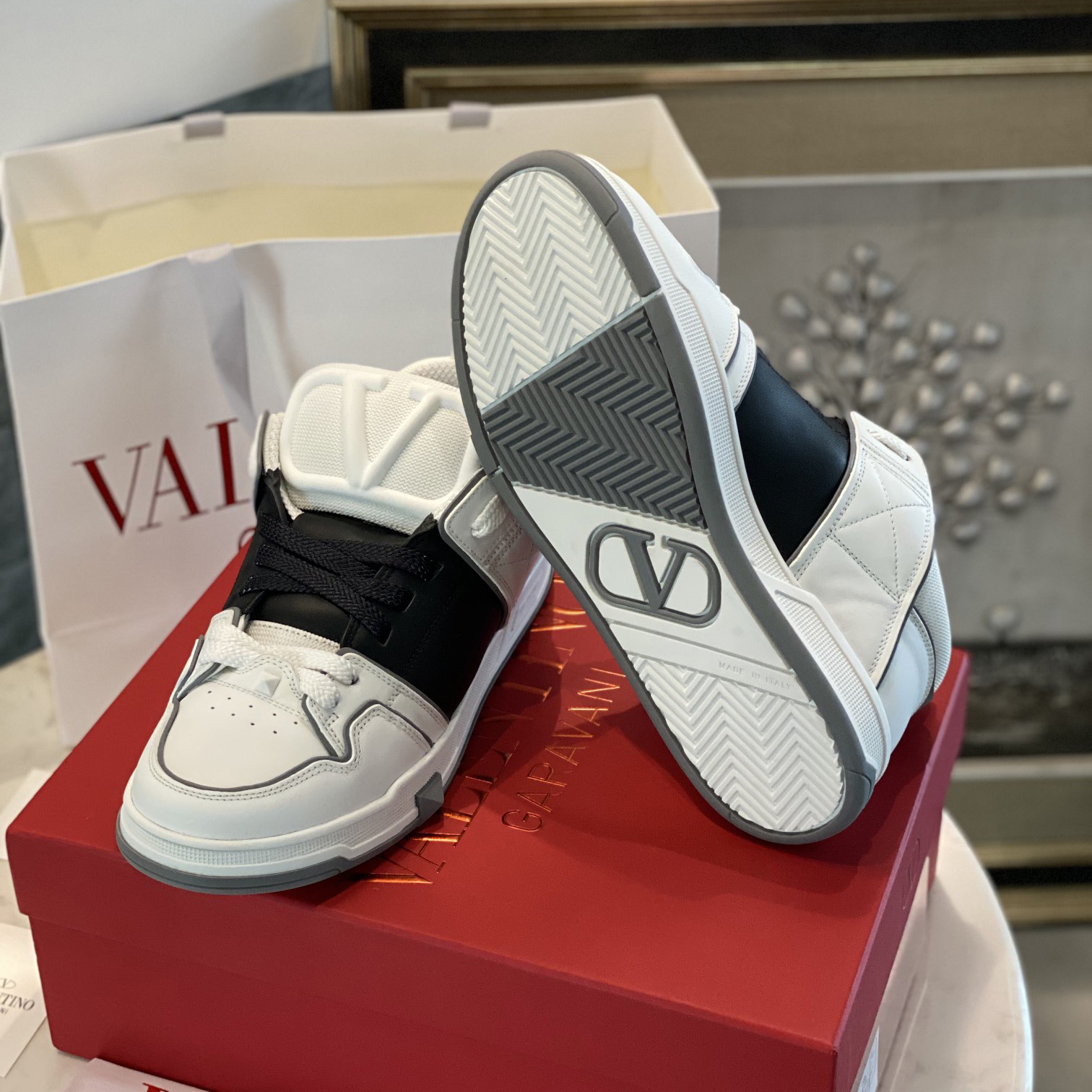 Valenti  Open Skate Calfskin And Fabric Sneaker In White/Black - EUR FASHION