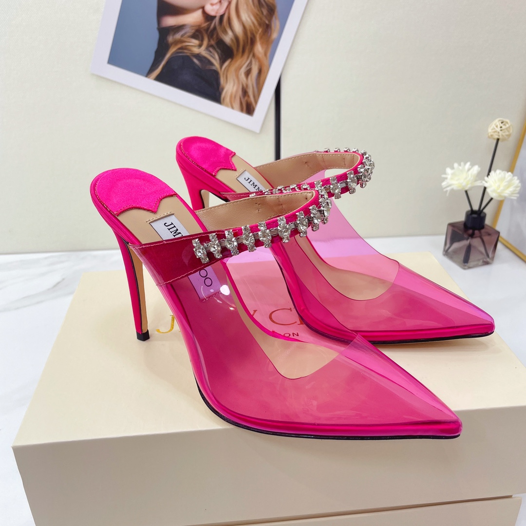 Jimmy Choo Bing 100 Hot Pink Neon Plexi Mules With Pink Crystal Strap - EUR FASHION
