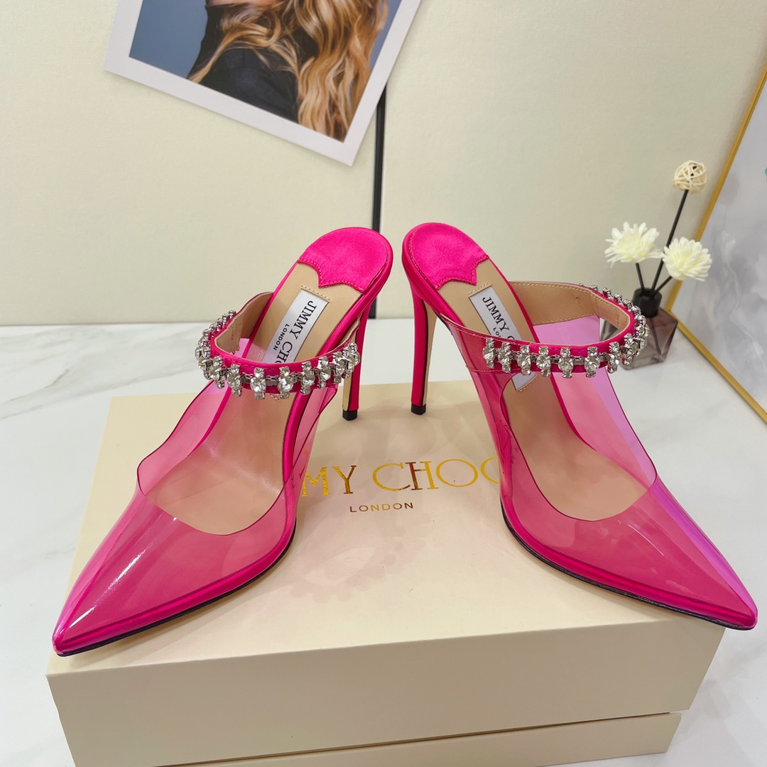 Jimmy Choo Bing 100 Hot Pink Neon Plexi Mules With Pink Crystal Strap - EUR FASHION