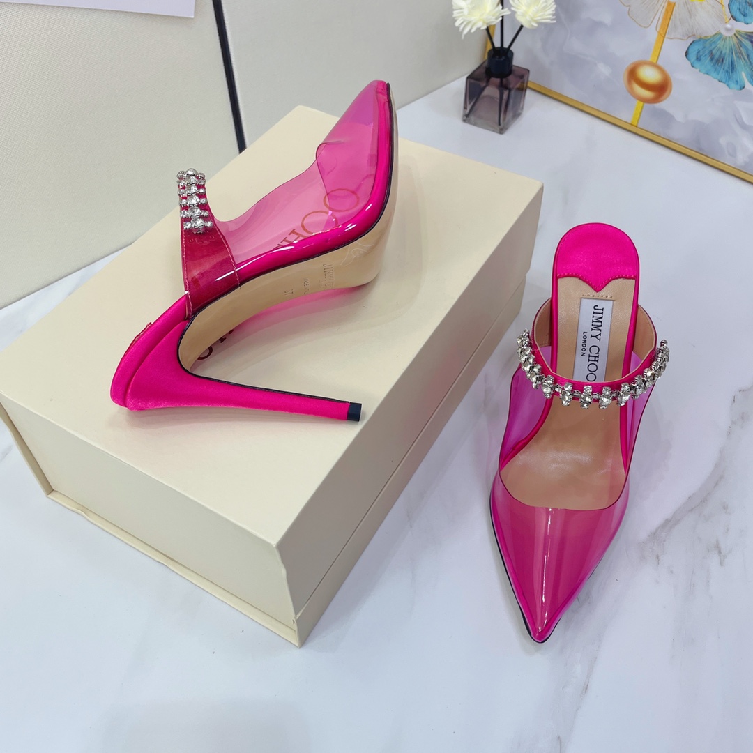 Jimmy Choo Bing 100 Hot Pink Neon Plexi Mules With Pink Crystal Strap - EUR FASHION