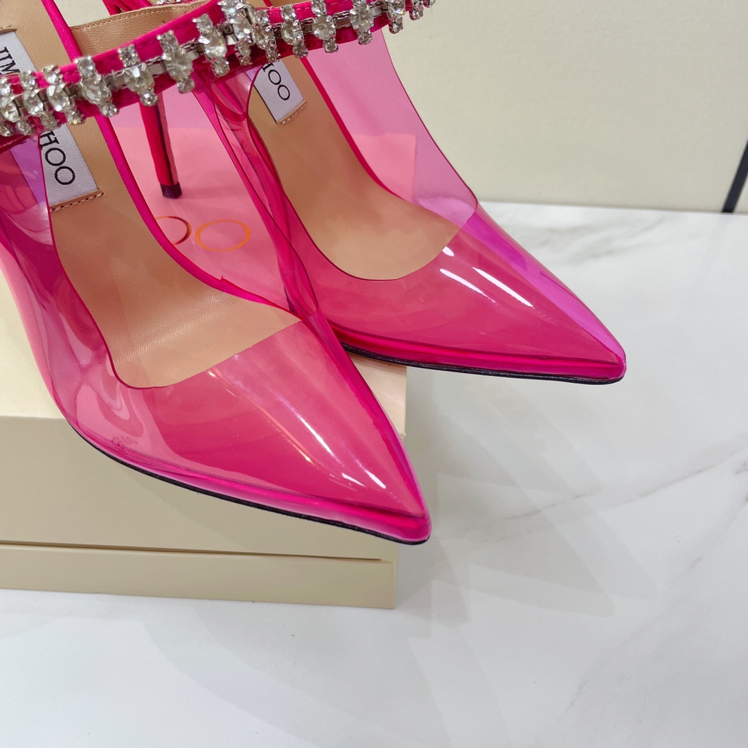 Jimmy Choo Bing 100 Hot Pink Neon Plexi Mules With Pink Crystal Strap - EUR FASHION