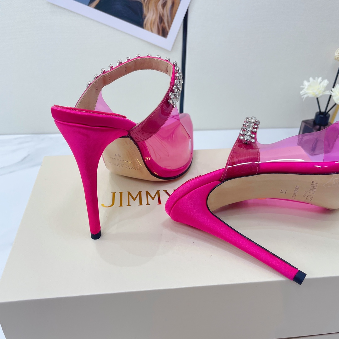 Jimmy Choo Bing 100 Hot Pink Neon Plexi Mules With Pink Crystal Strap - EUR FASHION
