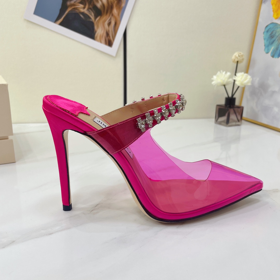 Jimmy Choo Bing 100 Hot Pink Neon Plexi Mules With Pink Crystal Strap - EUR FASHION