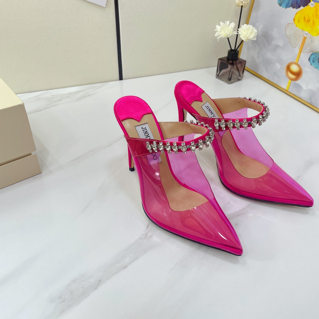 Jimmy Choo Bing 100 Hot Pink Neon Plexi Mules With Pink Crystal Strap - EUR FASHION